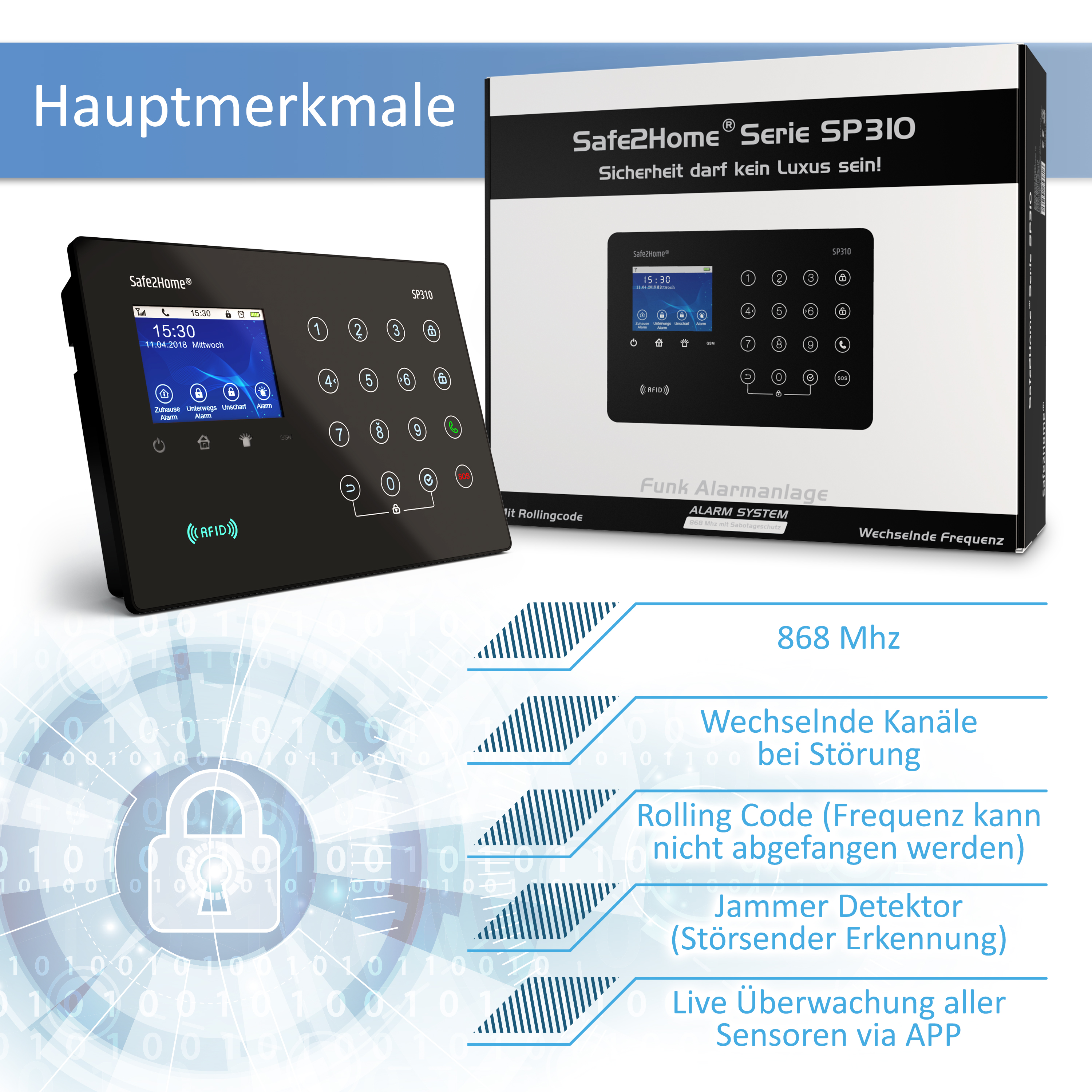 Alarmanlage mit Bedienfeld und Box. Das Bedienfeld ist schwarz. Die Box zeigt Funktionen.