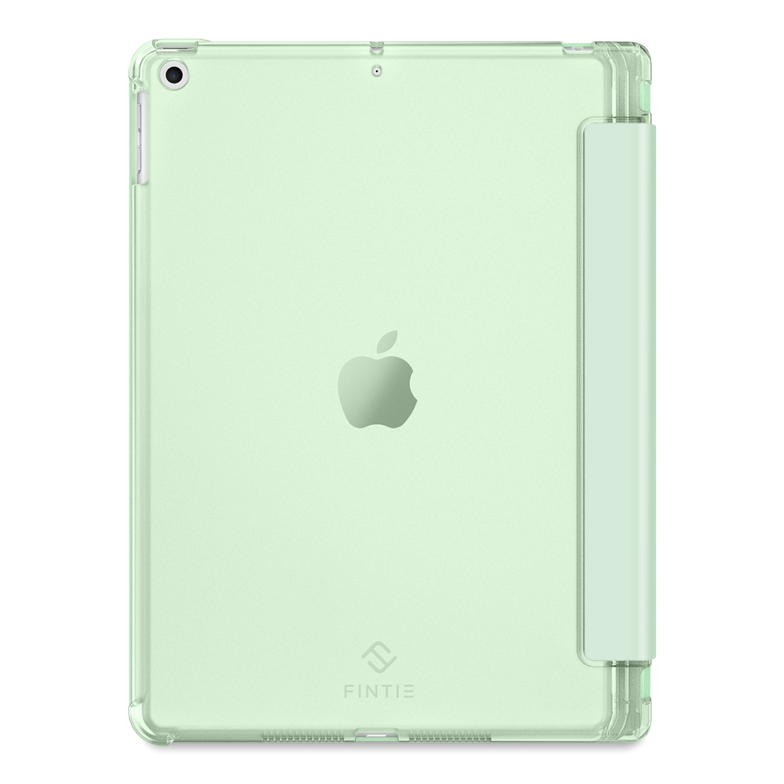 Minzgrüne iPad-Hülle mit durchsichtigem Rücken und ausklappbarem Ständer, auf weißem Hintergrund.