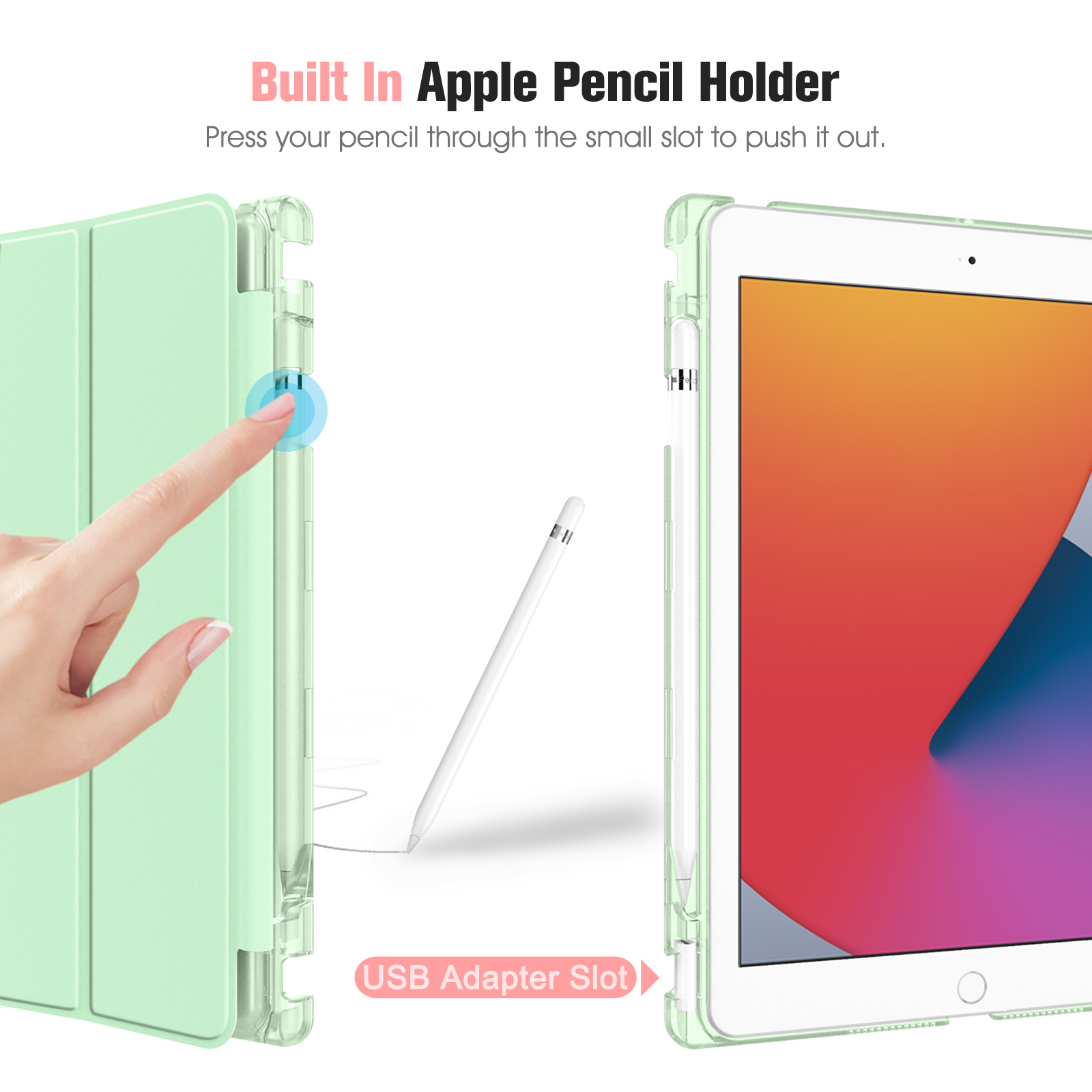Grüne Tablet-Hülle mit einer Hand, die einen Knopf drückt, und einem Apple Pencil.