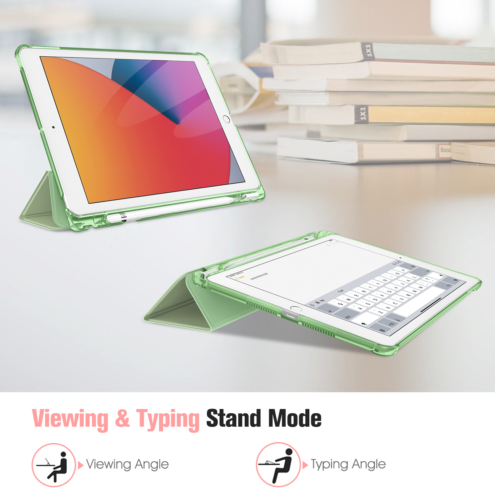 Grüne Tablethülle in zwei Ansichten. Tablet in Hülle mit Tastatur und im Anzeigemodus.