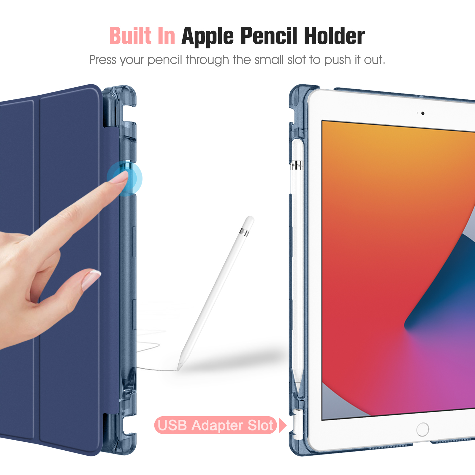 Eine blaue Hülle und ein Tablet mit Stift. Text: Integrierter Apple Pencil Halter. USB-Adapter-Steckplatz.