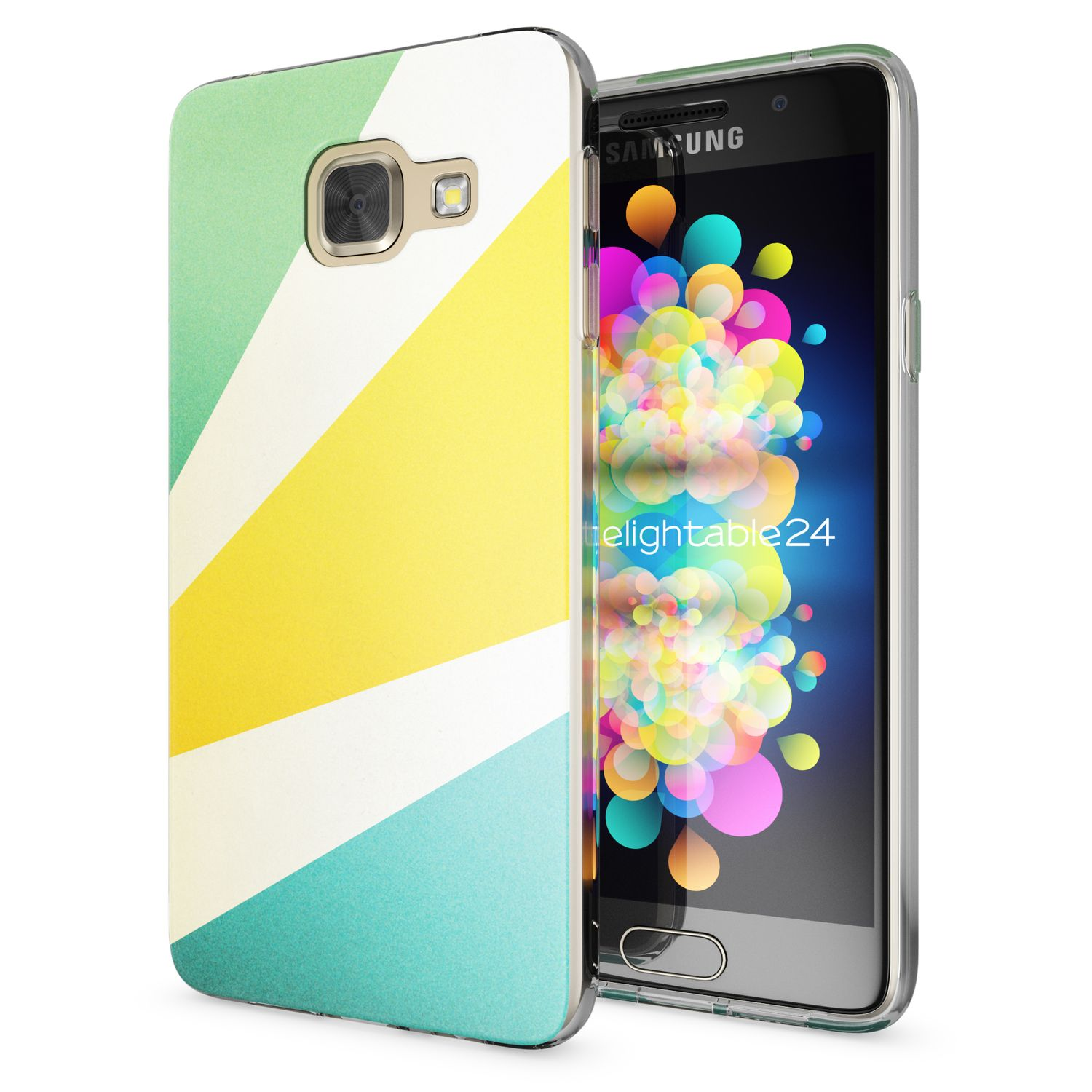 Handyhülle auf einem Telefon, mit einem farbenfrohen abstrakten Design in Gelb, Grün und Weiß.