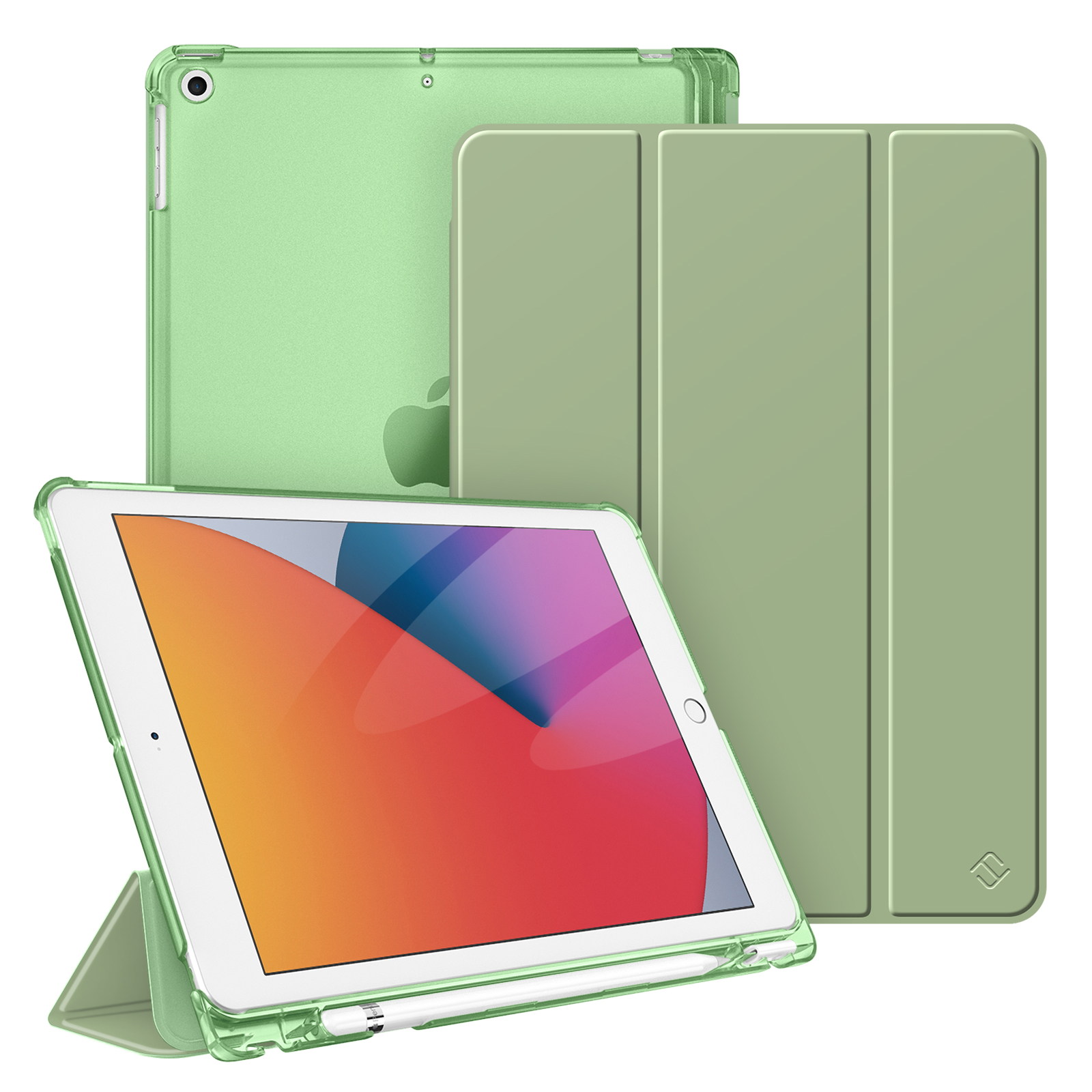 Grüne iPad-Hülle mit einem grünen Apple iPad. Die Hülle ist zur Seite geöffnet.