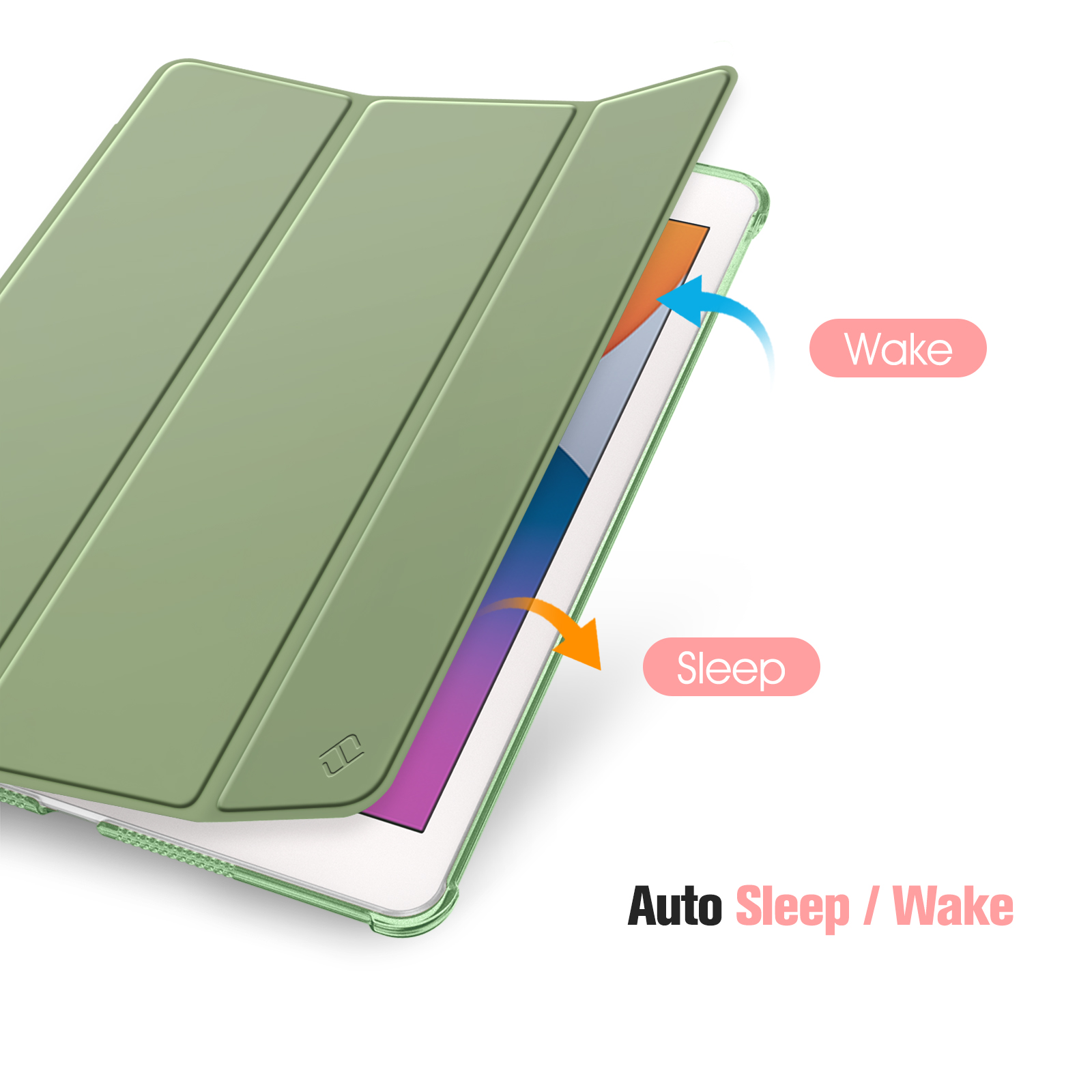 Grüne Tablethülle mit Tablet darin. Die Abdeckung ist geöffnet und zeigt den Bildschirm. Text: Auto Sleep/Wake.