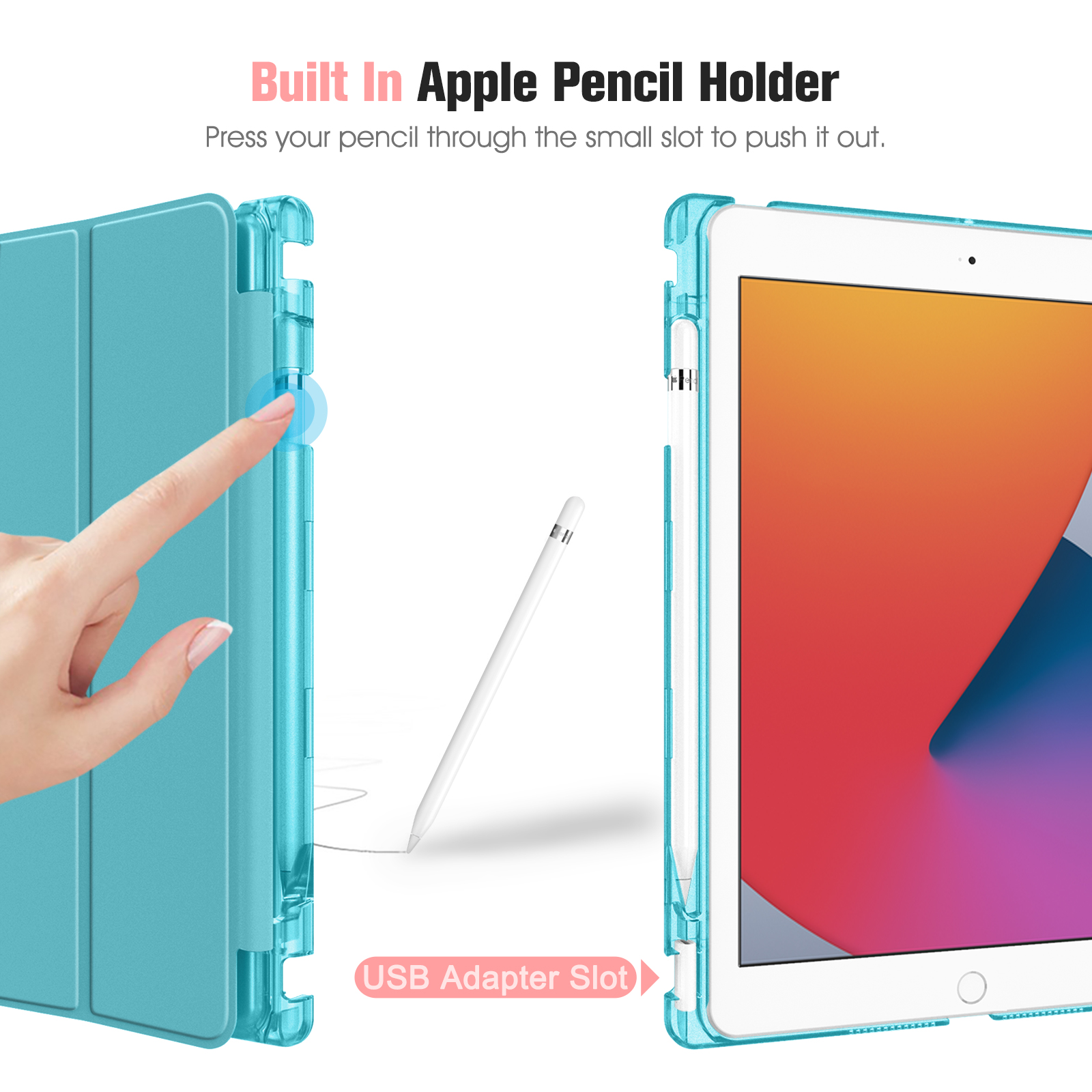 Eine türkisfarbene Tablet-Hülle mit einer Hand, die auf den Knopf zeigt, und einem Bleistift. Weißer Hintergrund.