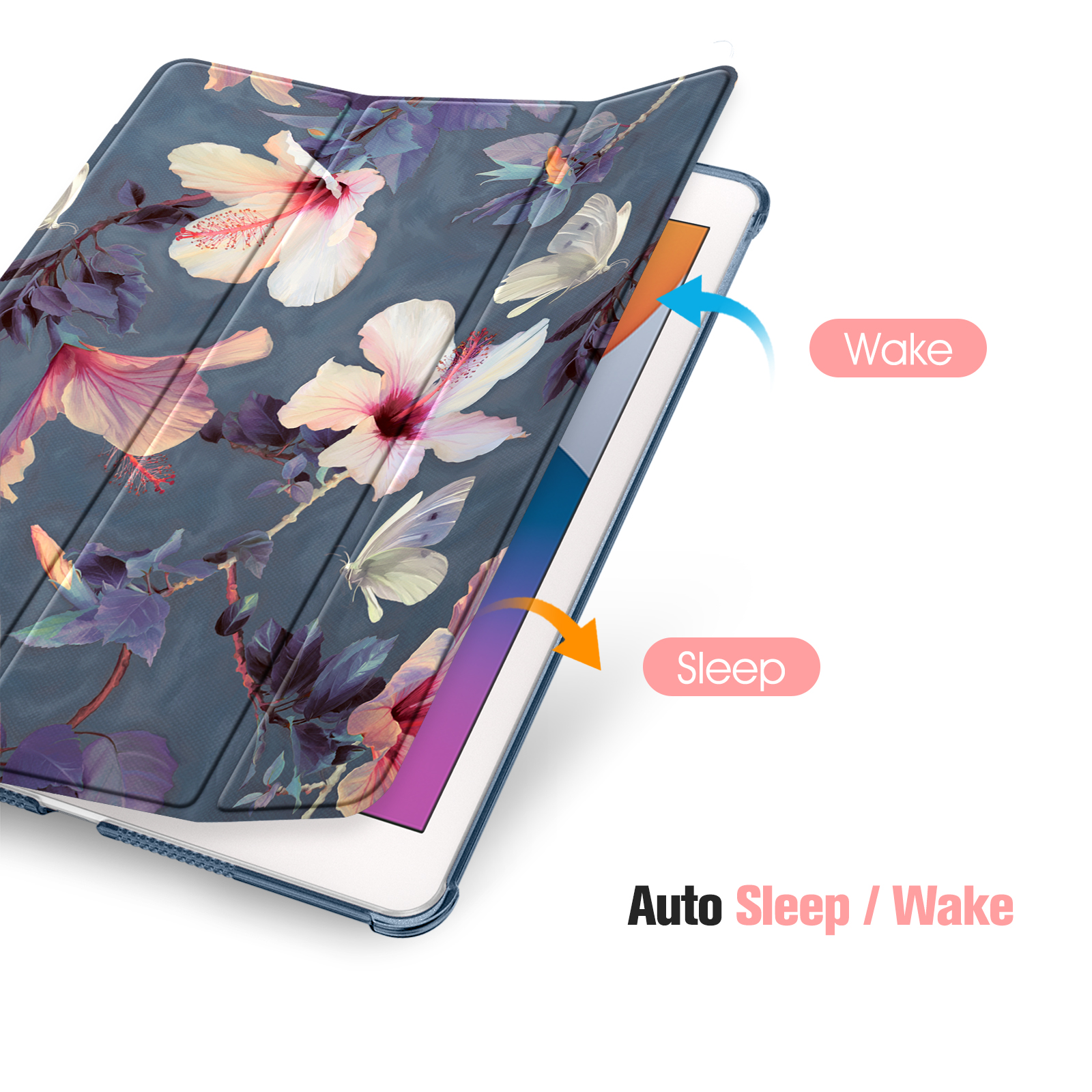 Tablet mit floralem Gehäuse. Das Gehäuse hat weiße Schmetterlinge und Blumen. Text zeigt Schlaf/Aufwachen.