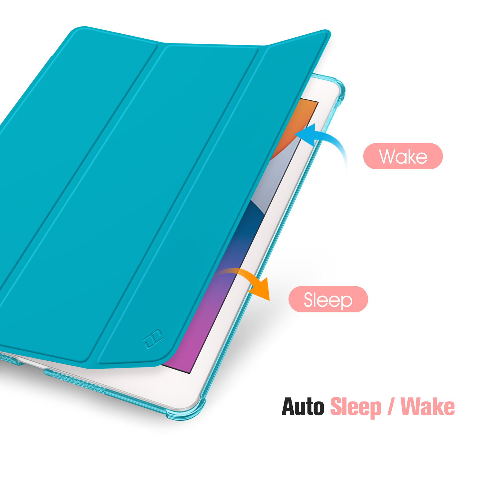 Blaues Tablet-Case geöffnet. Pfeile und Text zeigen die Auto-Sleep/Wake-Funktion an.