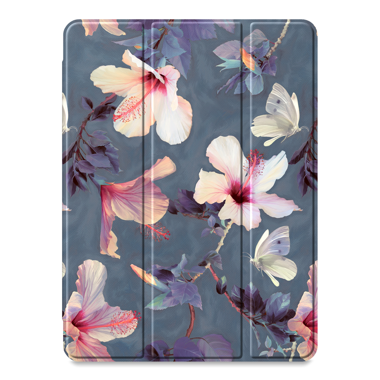 Eine Tablethülle mit floralem Design. Die Hülle ist blau mit weißen Schmetterlingen und rosa Blumen.