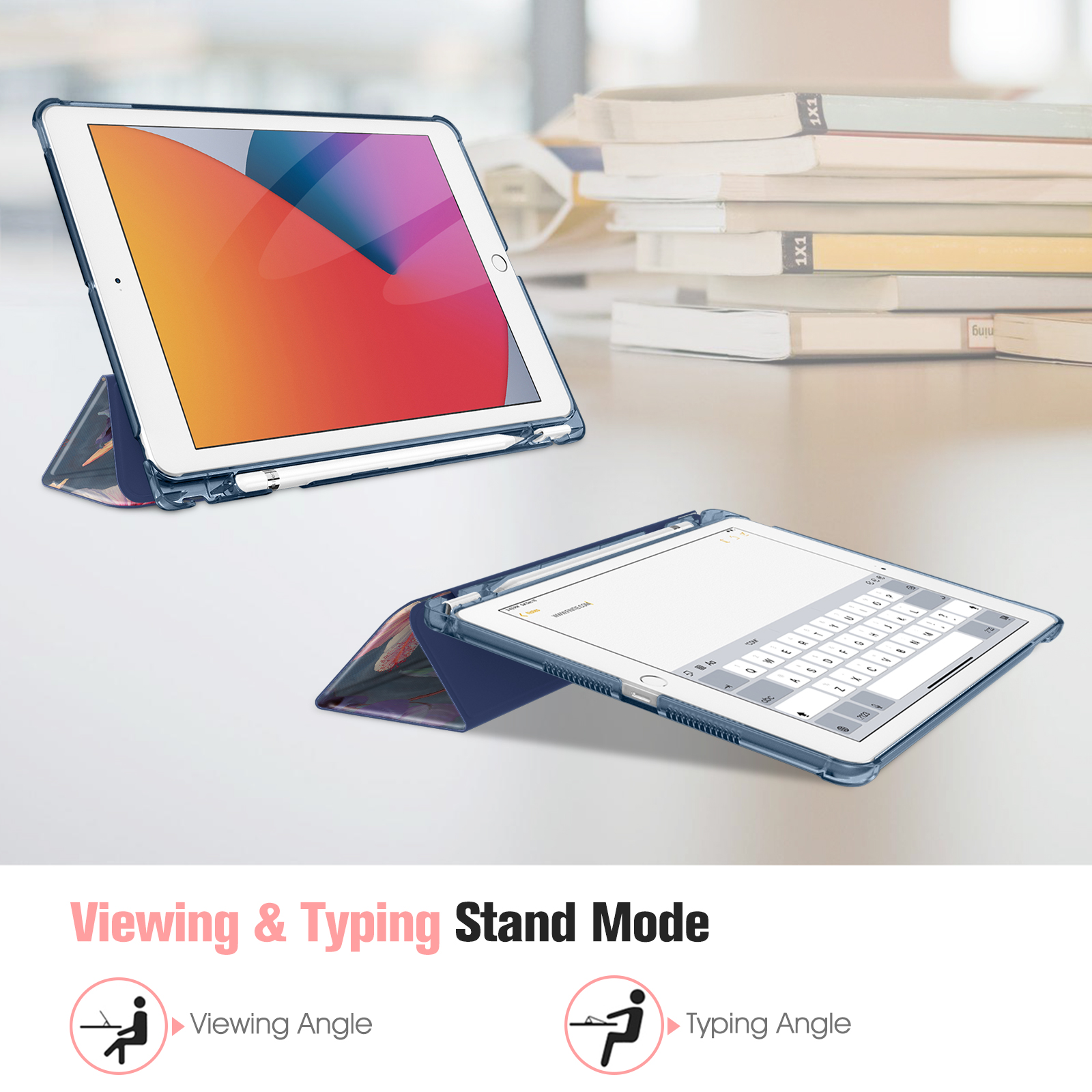 Zwei iPads im Standmodus, eines zum Betrachten und eines zum Tippen. Text: Betrachtungs- und Tippmodus.