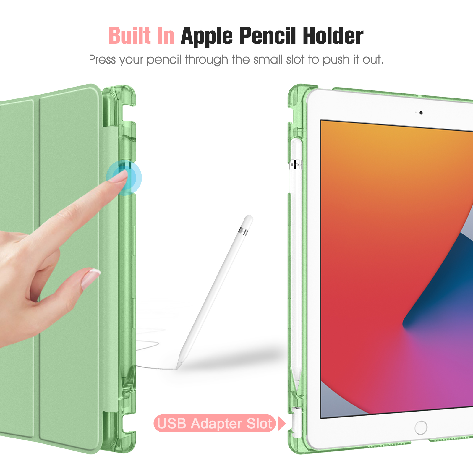 Eine grüne iPad-Hülle mit einem Apple Pencil. Text erwähnt integrierten Halter und USB-Adapter-Steckplatz.