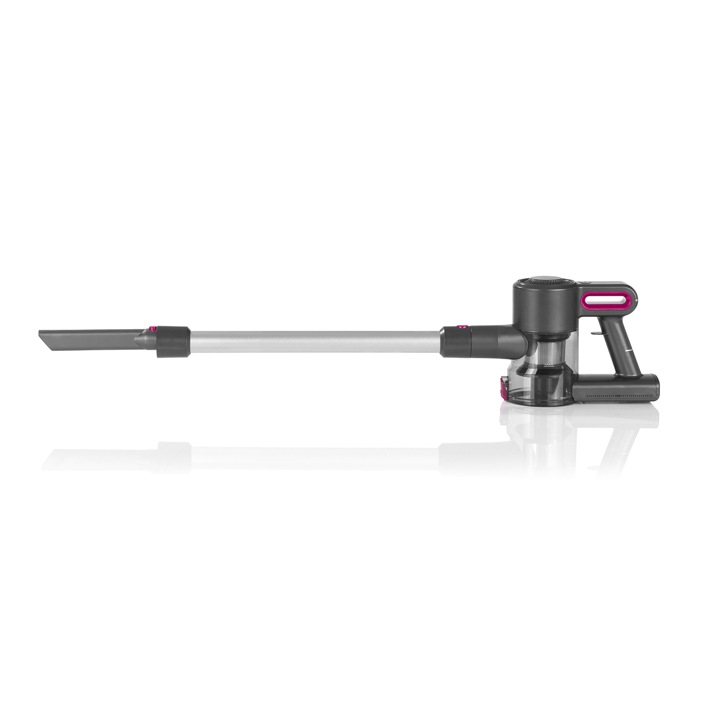 Kabelloser Staubsauger. Er ist grau und schwarz mit rosa Akzenten, abgewinkelt mit einer Düse.
