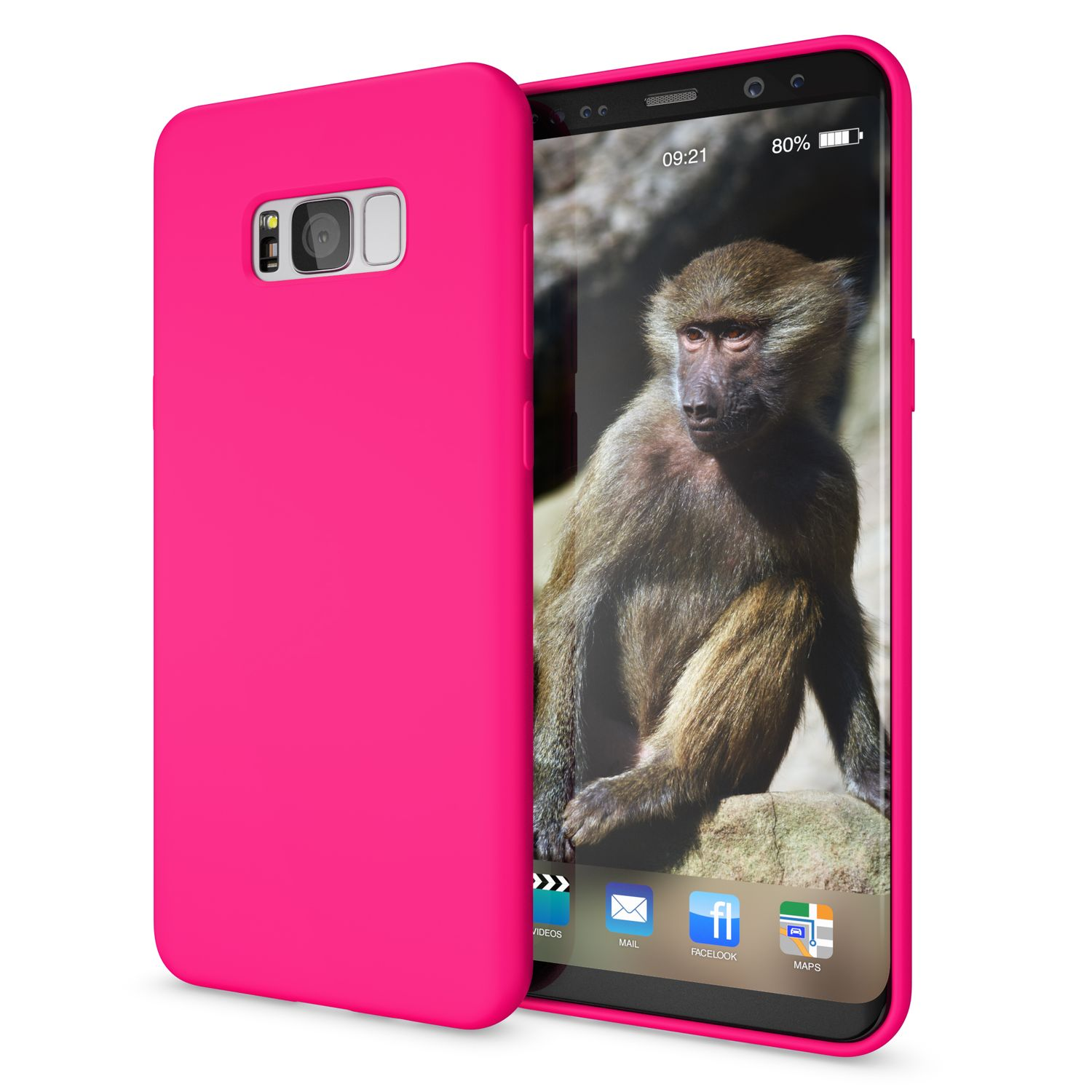 Rosa Handyhülle auf einem Smartphone mit Affe. Hintergrund: Felsen.