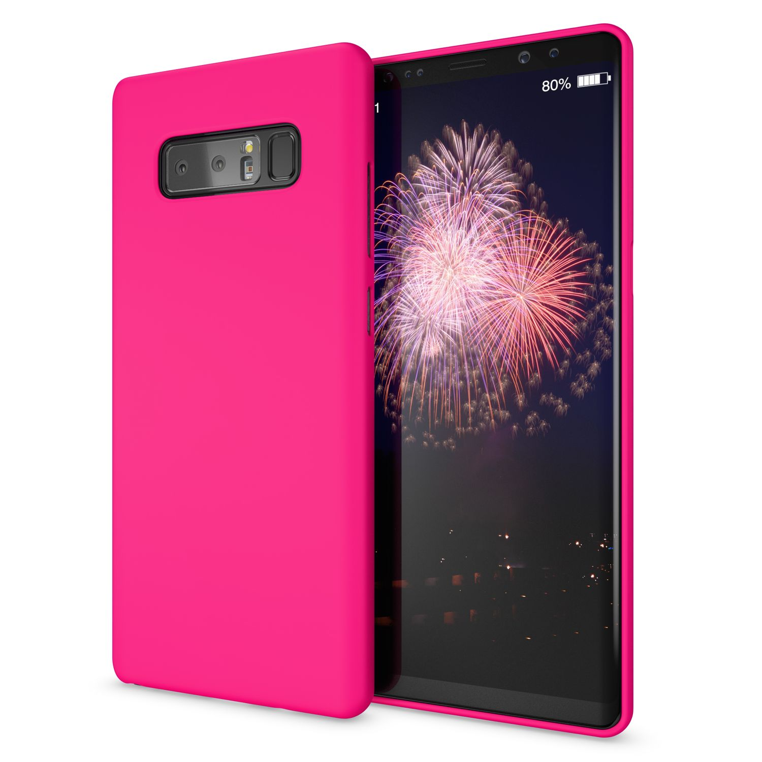 Rosa Handyhülle mit Handy, das Feuerwerk zeigt. Das Handy ist teilweise geöffnet.