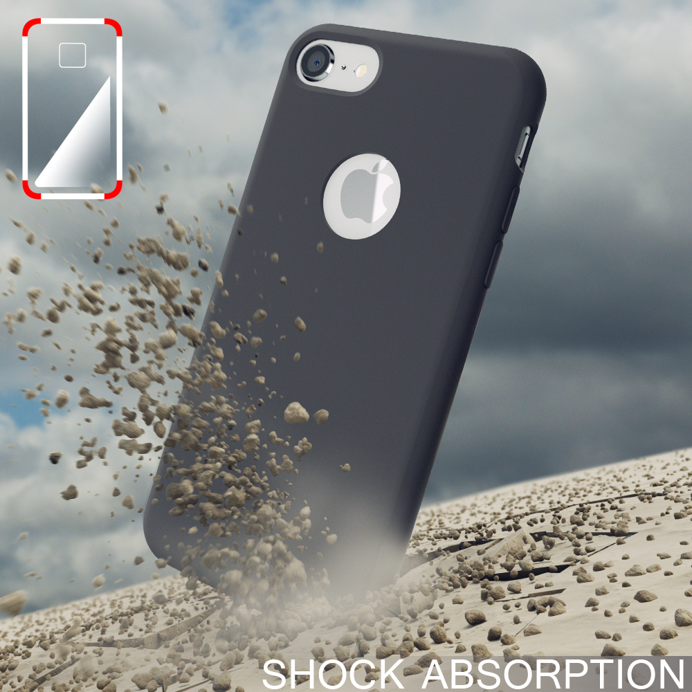 Eine schwarze Handyhülle mit weißem Apple-Logo, umgeben von fallendem Sand. Text: Stoßabsorption.