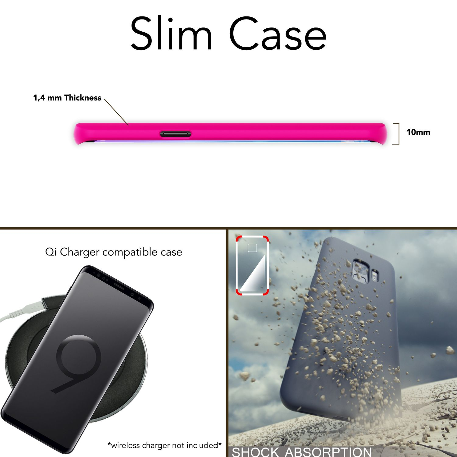 Nahaufnahme einer pinken Handyhülle mit Text und einem kabellosen Ladegerät mit einem Telefon darauf.