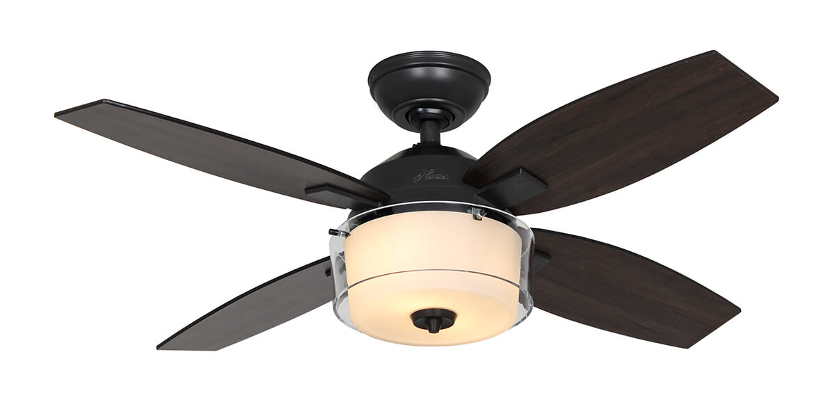 Ventilatore da soffitto con pale scure e un'apparecchiatura di illuminazione. Su sfondo bianco.