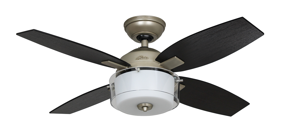 Ein Deckenventilator mit schwarzen Flügeln, einem Licht und einer silbernen Oberfläche.