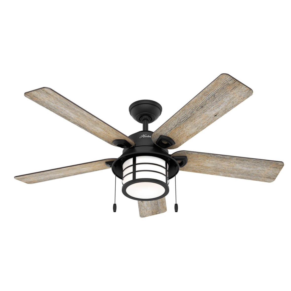 Schwarzer Deckenventilator mit Holzflügeln und einer zentralen Leuchte, Marke Hunter.