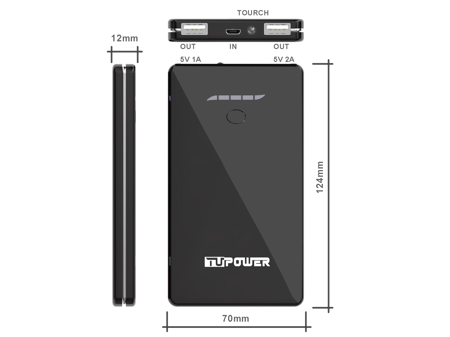 Eine schwarze Powerbank mit Abmessungen und Beschriftungen. Sie hat zwei USB-Anschlüsse und einen Micro-USB-Anschluss.
