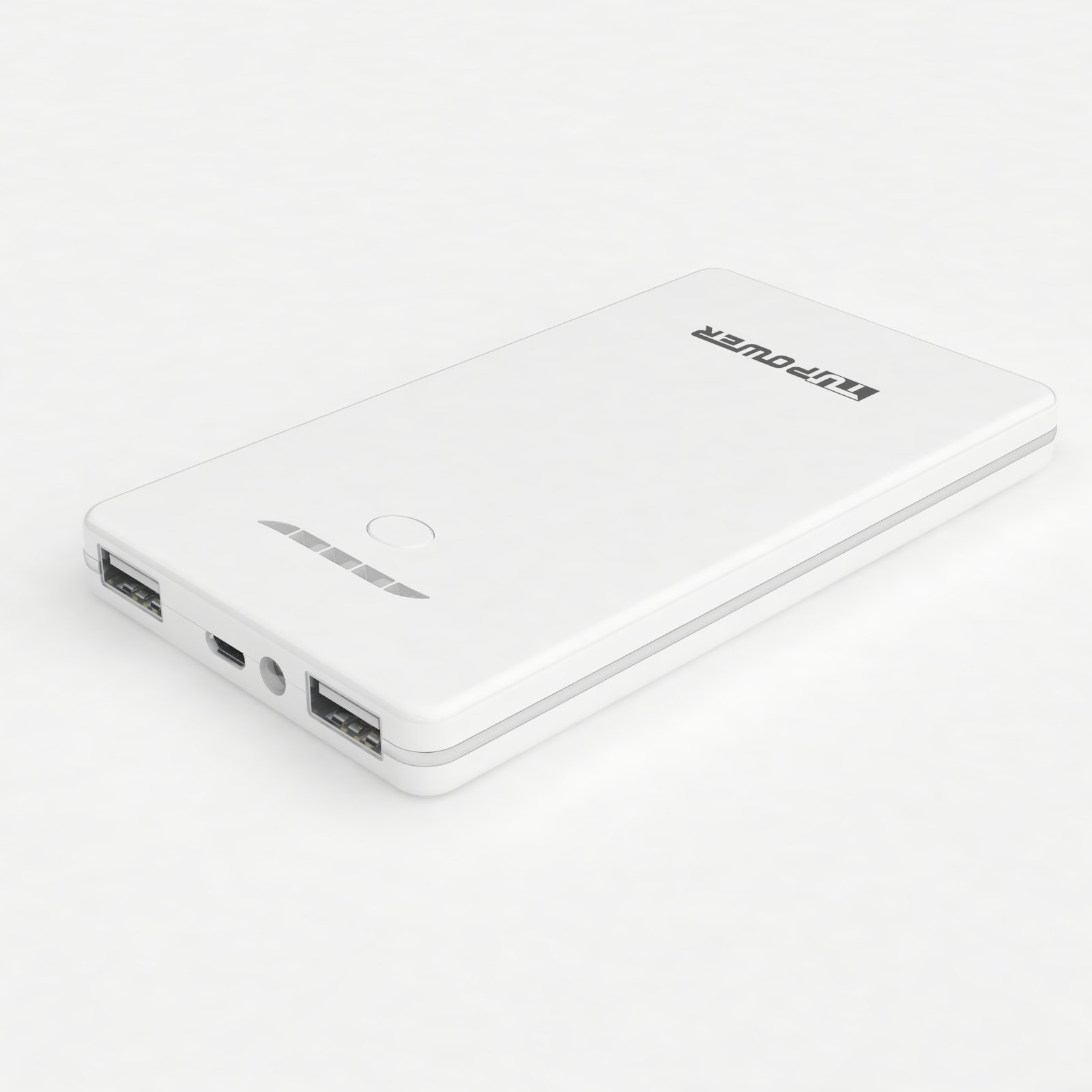 Weiße Powerbank mit TUPower-Logo und USB-Anschlüssen, auf weißem Hintergrund.