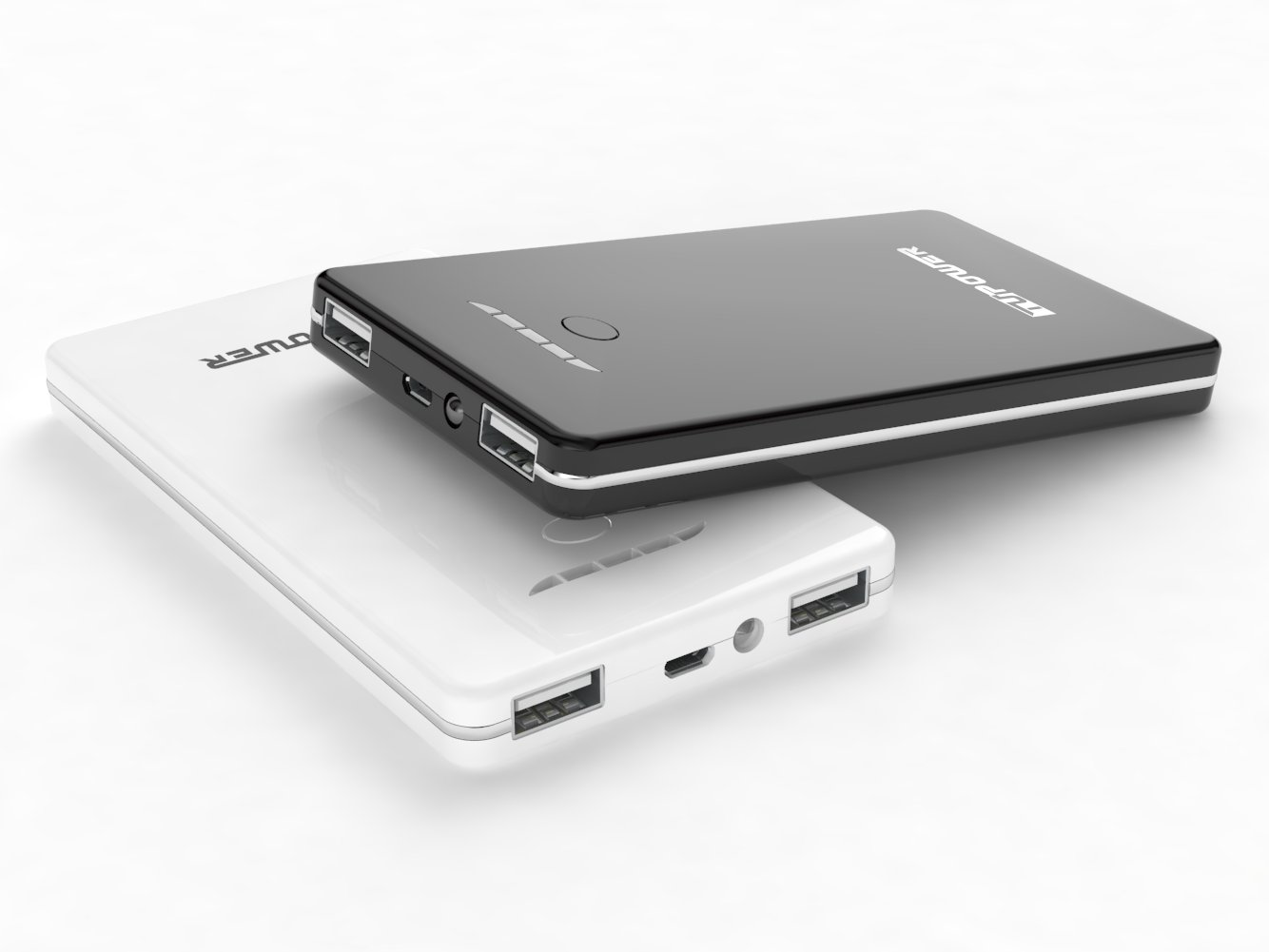 Zwei schwarz-weiße Powerbanks. Eine liegt auf der anderen.