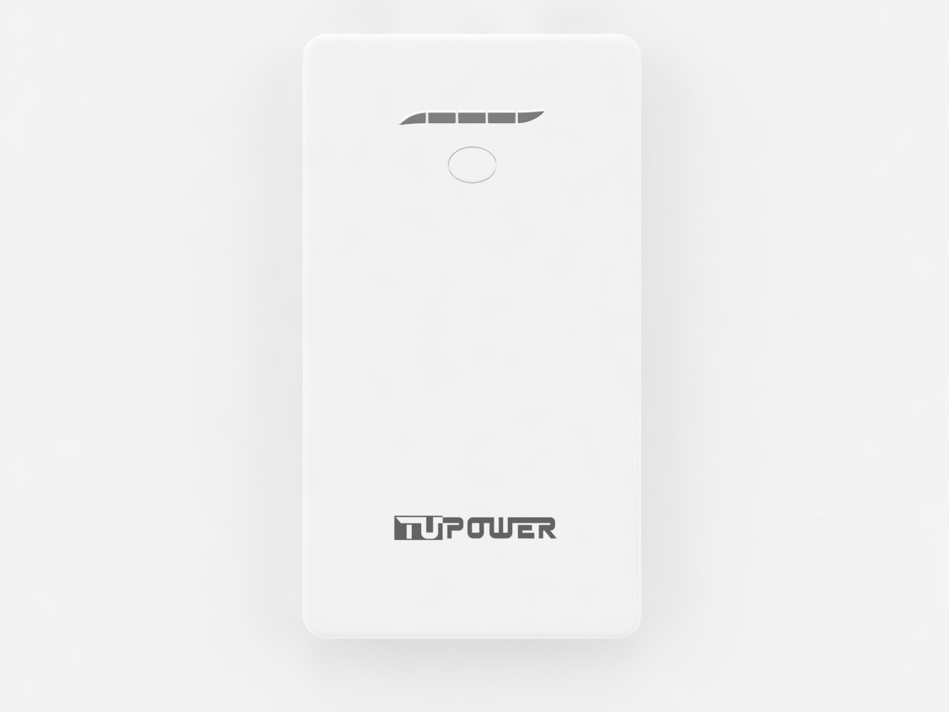 Weiße Powerbank mit Logo und Lichtindikatoren. Text auf weißem Hintergrund.