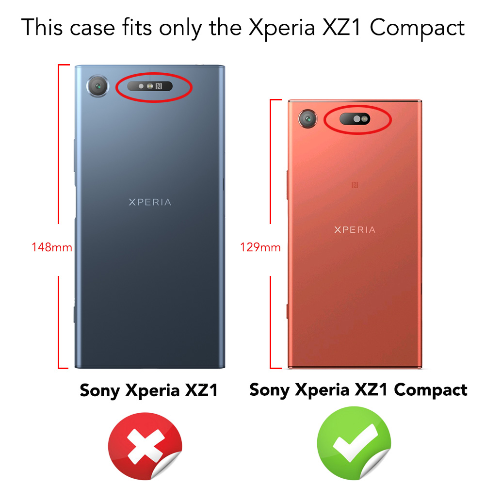 Zwei Telefone, blau und rot, mit Größenvergleichen und Etiketten.