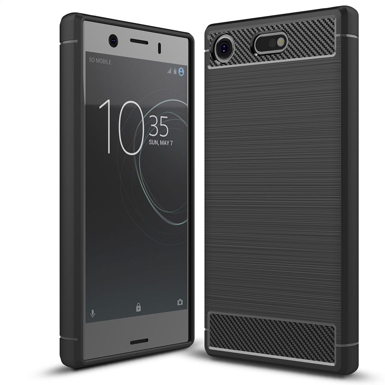 Schwarzes Telefon mit gebürsteter Metallstruktur, zeigt die Uhrzeit mit Hülle.