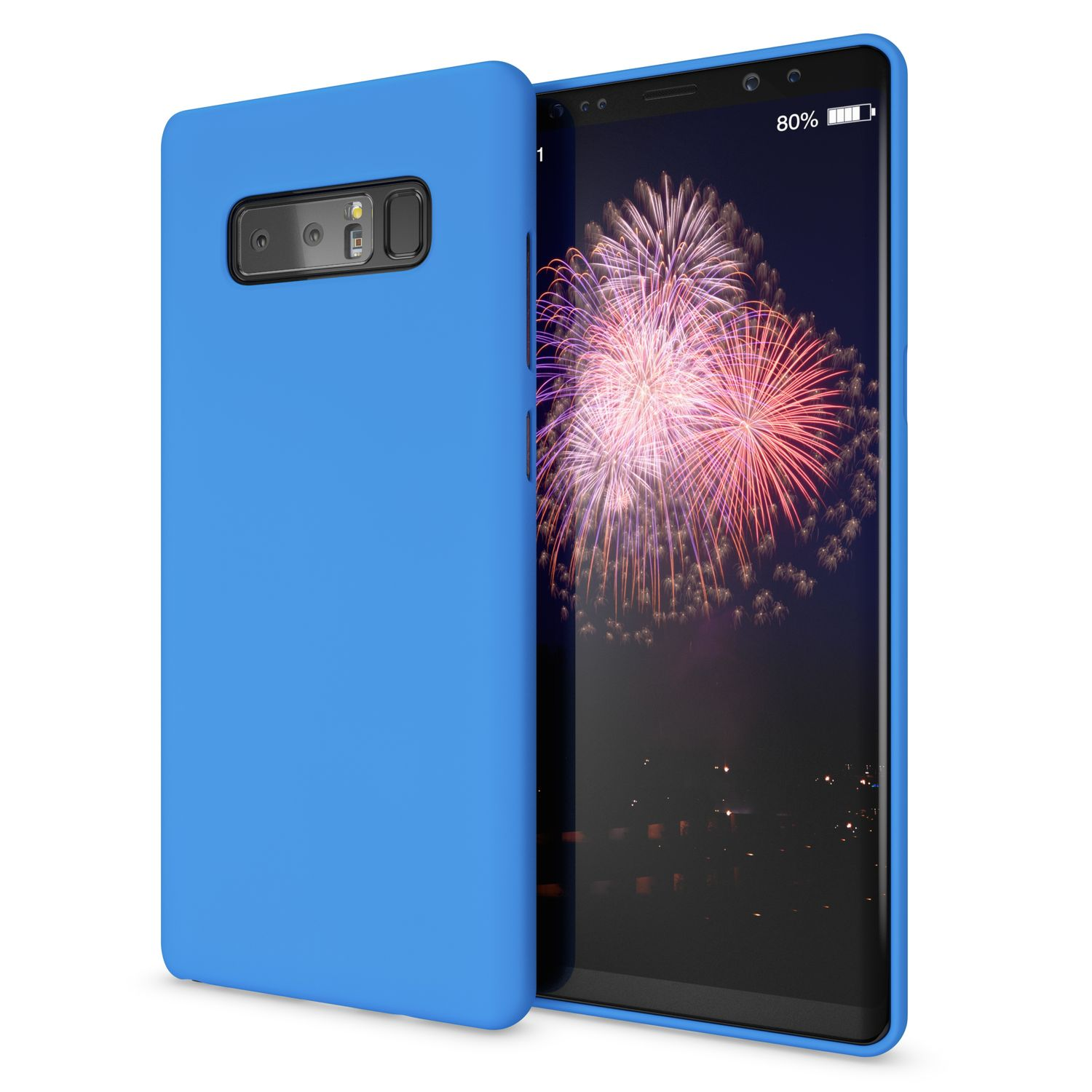 Blaue Handyhülle neben einem Telefon, das Feuerwerk bei Nacht zeigt.