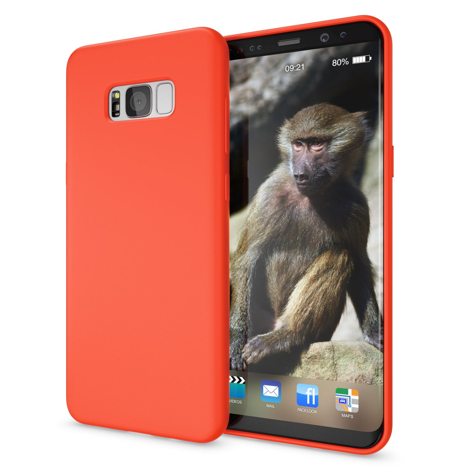 Rote Handyhülle auf einem Telefon, das ein Pavianbild und App-Symbole anzeigt.