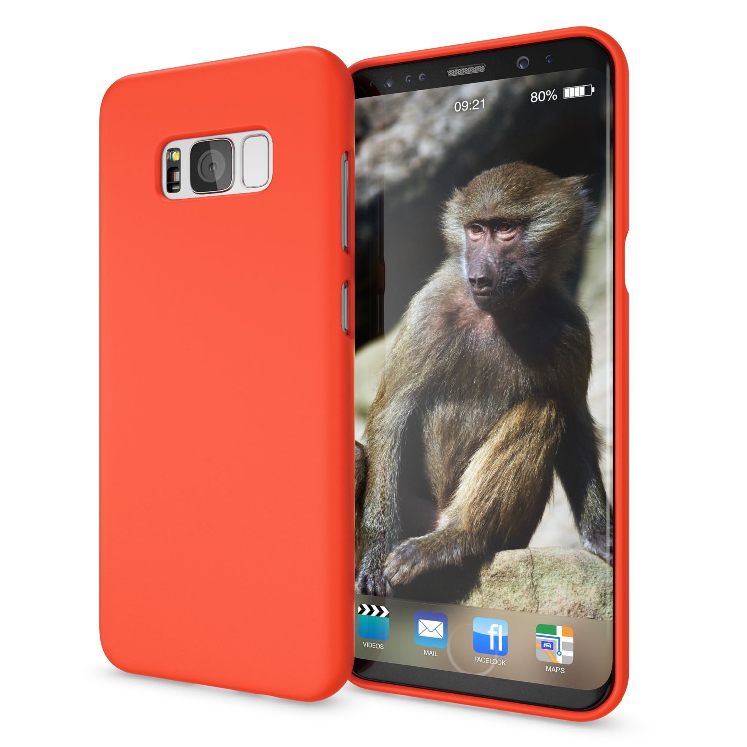Eine rote Telefonhülle mit einem Telefon. Der Telefonbildschirm zeigt Affen und App-Symbole.