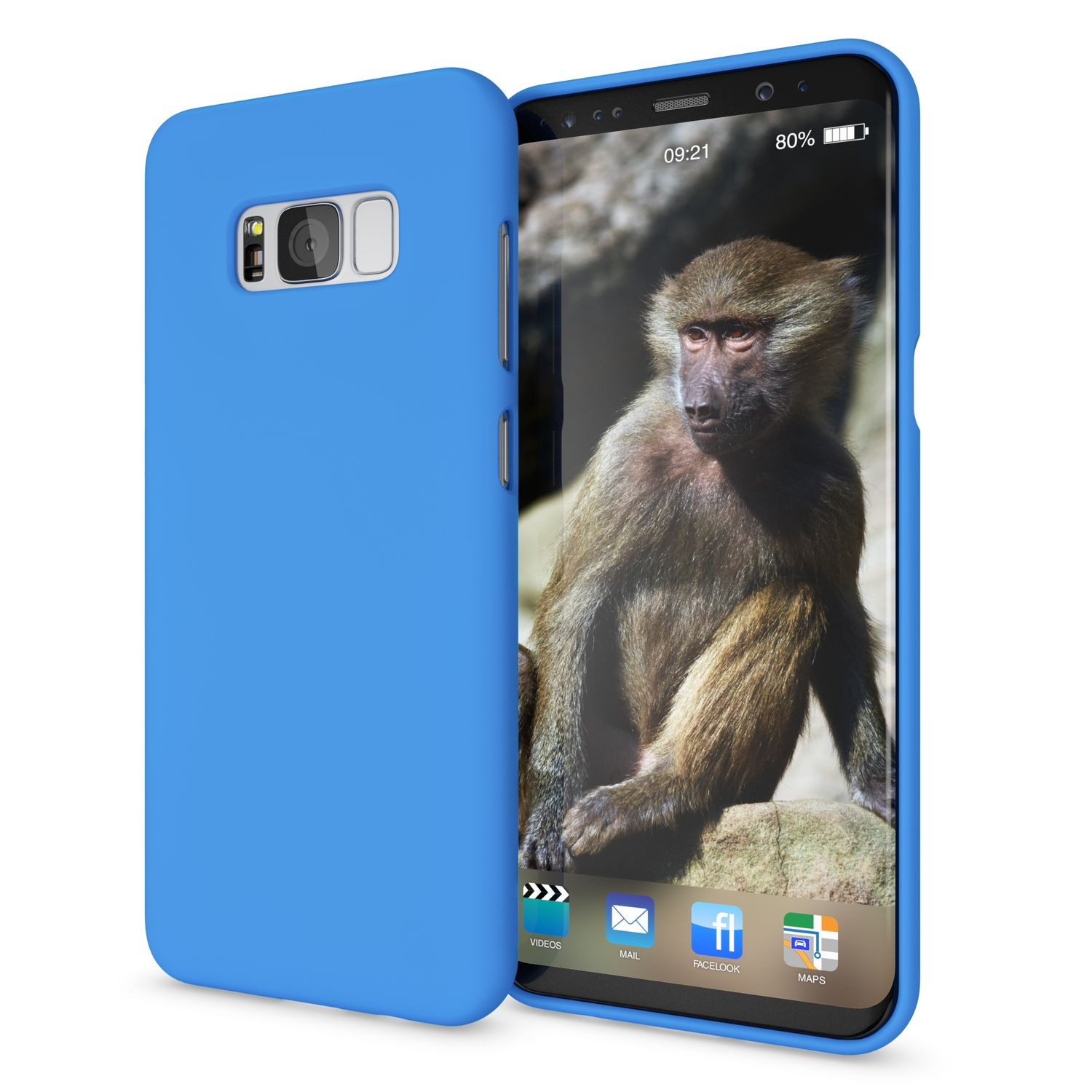 Eine blaue Handyhülle mit einem Telefon darin, das einen Affen zeigt. Eine blaue Hülle. Weißer Hintergrund.