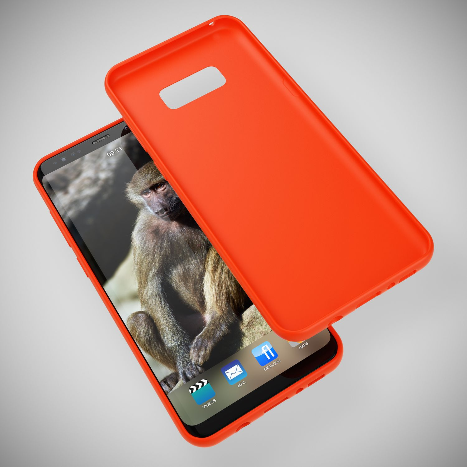 Orangefarbene Handyhülle und Telefon mit Affenbild auf dem Bildschirm. Bildschirm zeigt Uhrzeit und App-Symbole.
