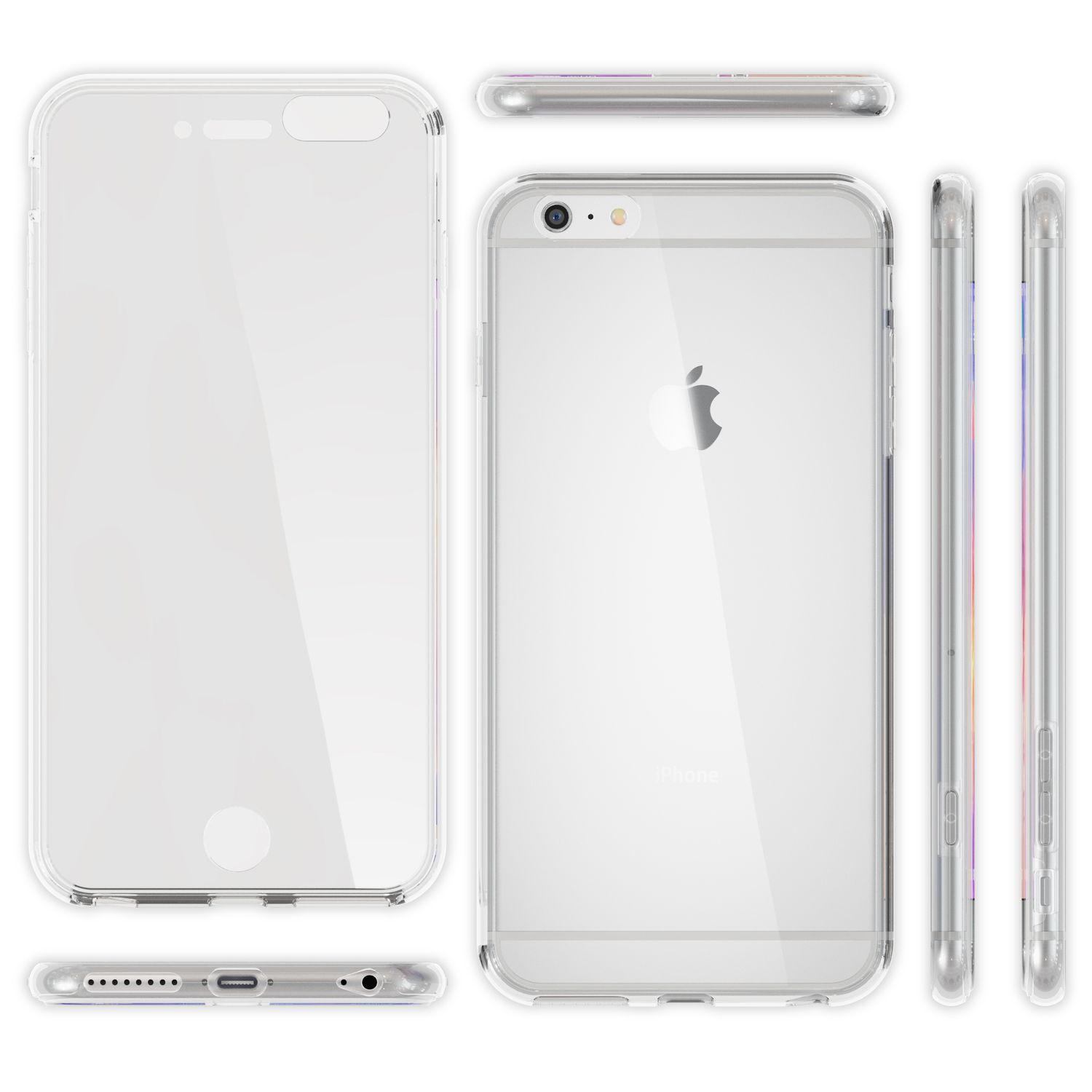 Transparente Handyhülle, mehrere Winkel, das Telefon im Inneren zeigend.