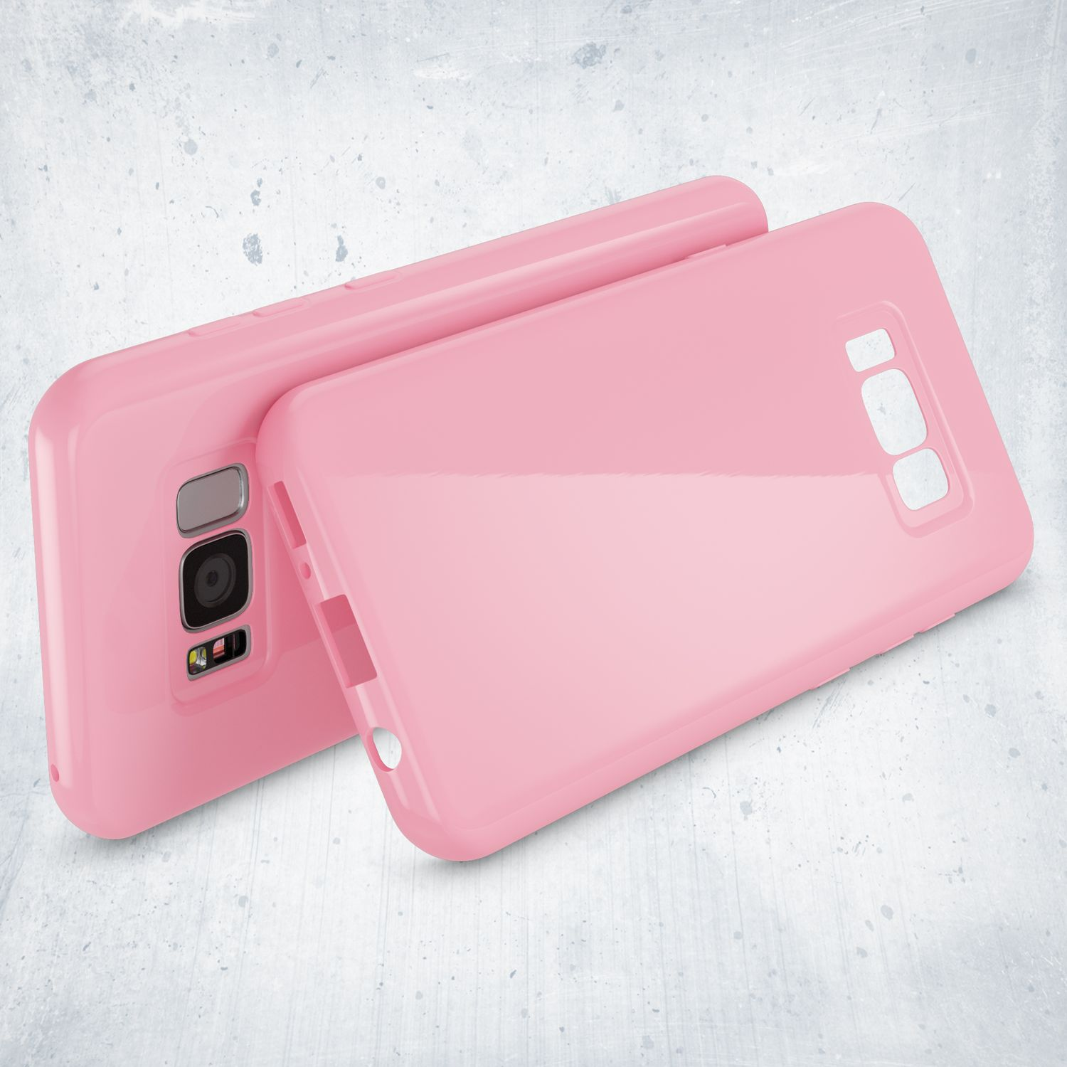 Rosa Handyhülle neben einem Telefon. Die Hülle ist geöffnet. Der Hintergrund ist ein grauer Farbverlauf.