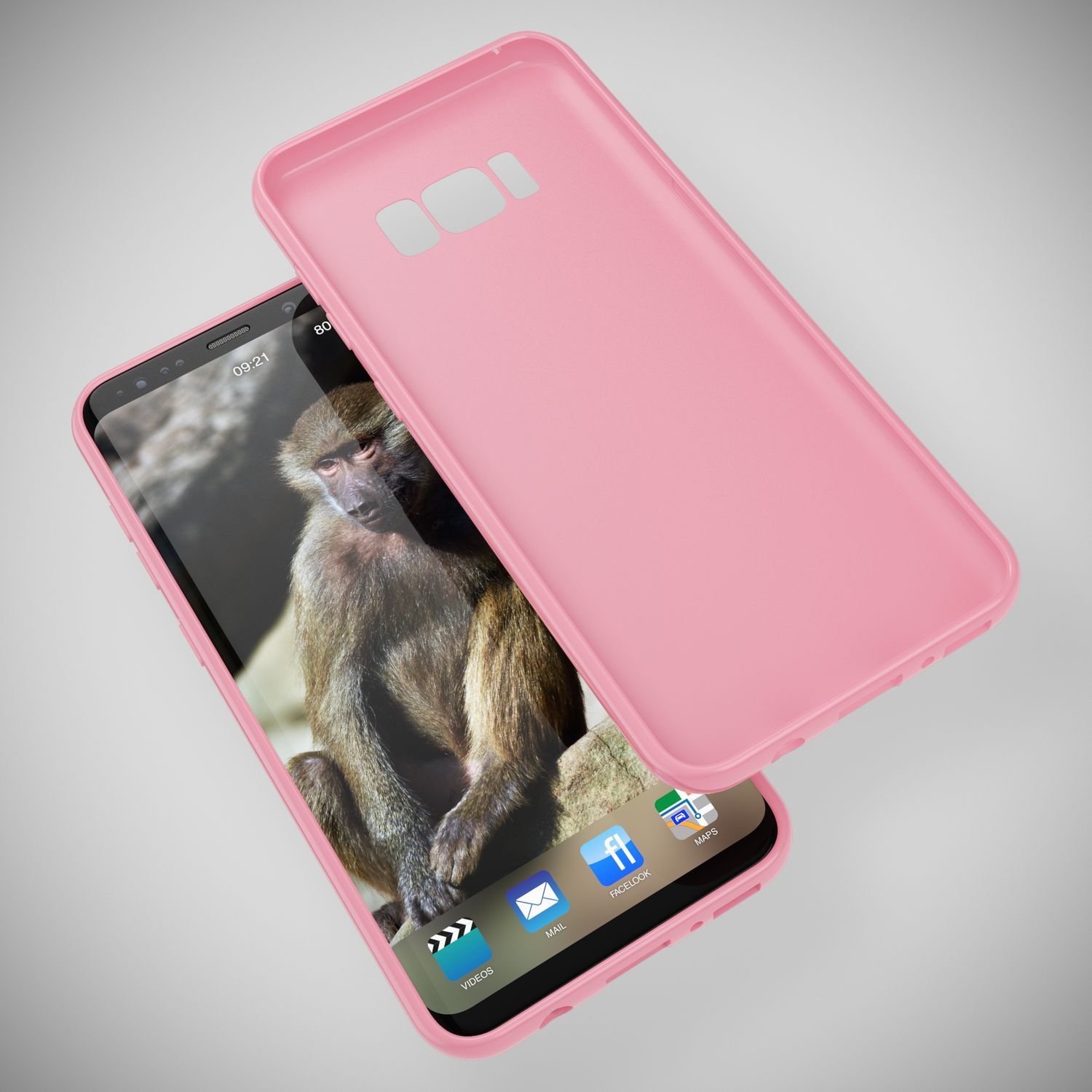 Rosa Handyhülle mit Telefon, das ein Pavian-Bild und Icons zeigt.