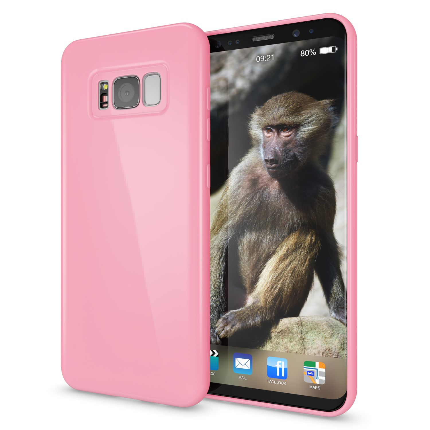Rosa Handyhülle neben Telefon mit Affen auf Felsen und App-Symbolen.