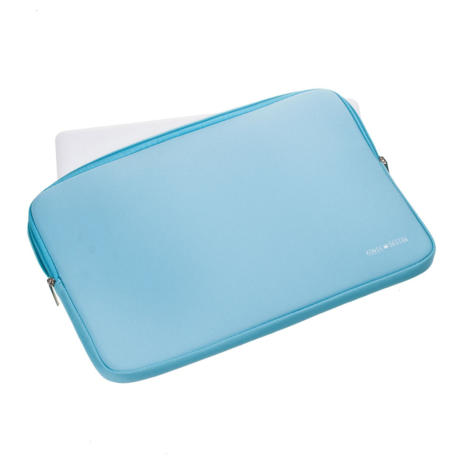 Eine hellblaue Laptoptasche mit geschlossenem Reißverschluss und einem Laptop darin.