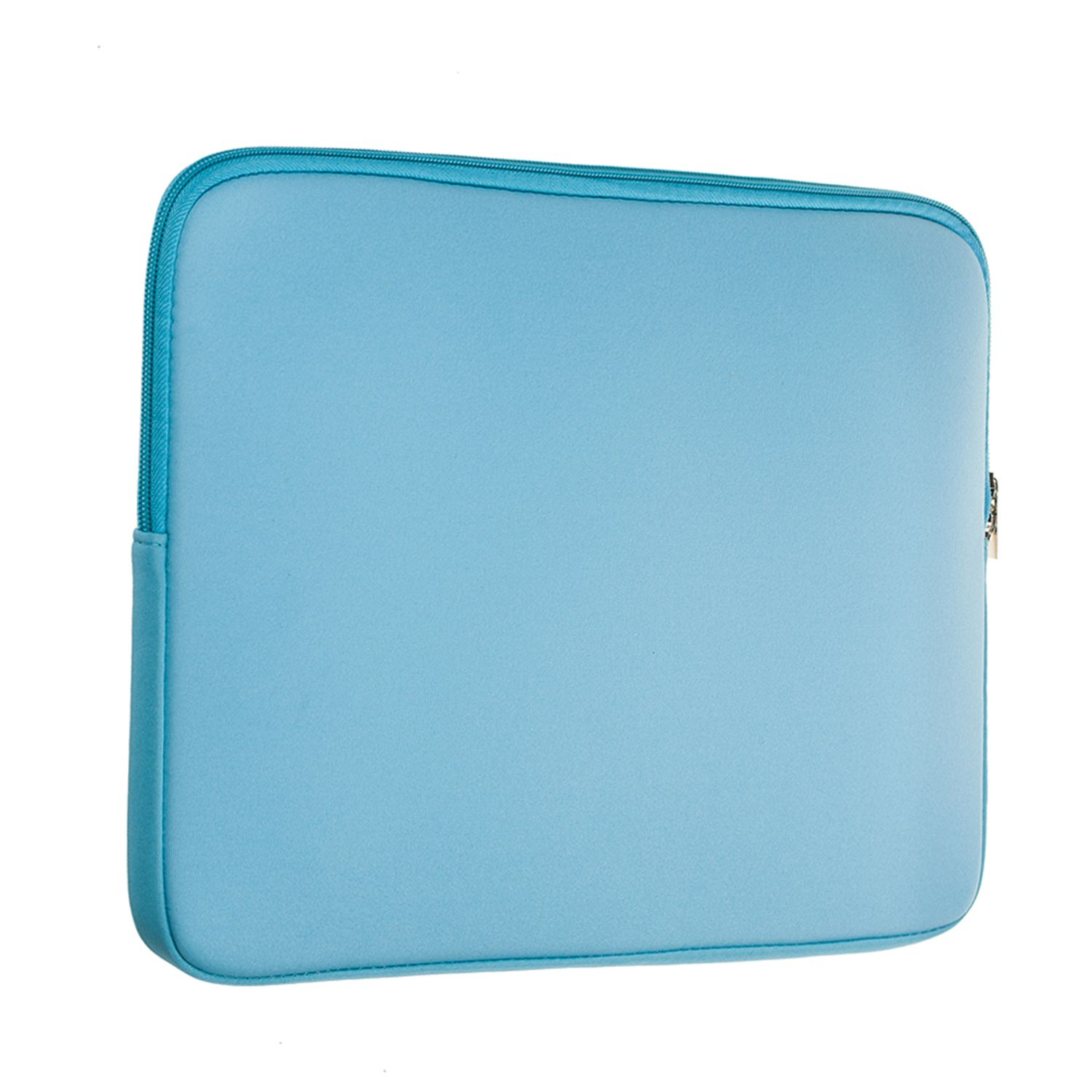 Eine hellblaue, mit Reißverschluss versehene Laptoptasche. Der Reißverschluss ist dunkelblau. Die Tasche ist rechteckig.