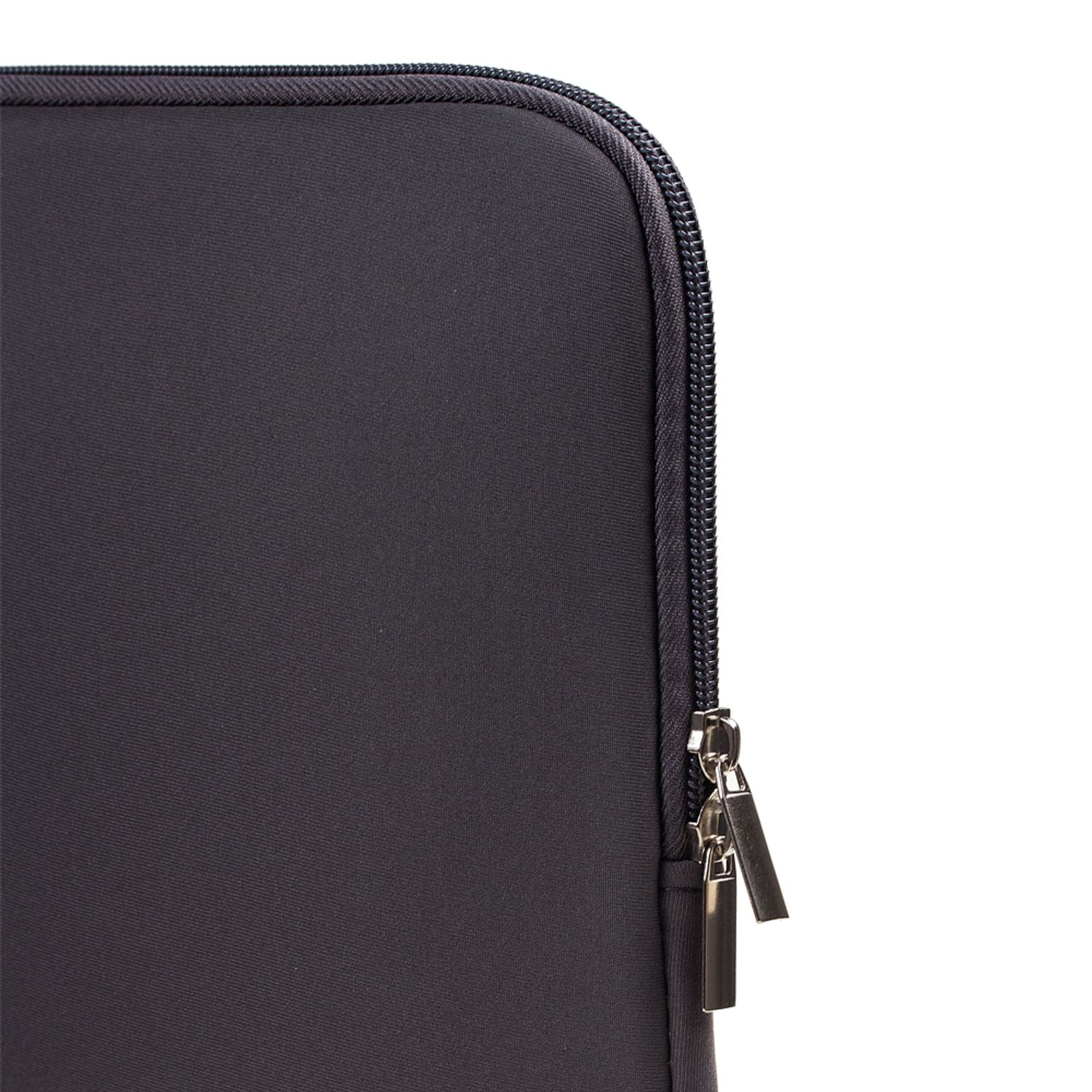 Dunkelgraue Laptoptasche mit Reißverschluss. Der Reißverschluss ist silber.