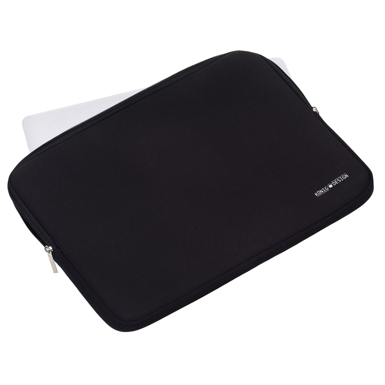 Eine schwarze Laptop-Hülle mit Reißverschluss. Der Markenname 'KÖNIG + DESIGN' ist rechts sichtbar.