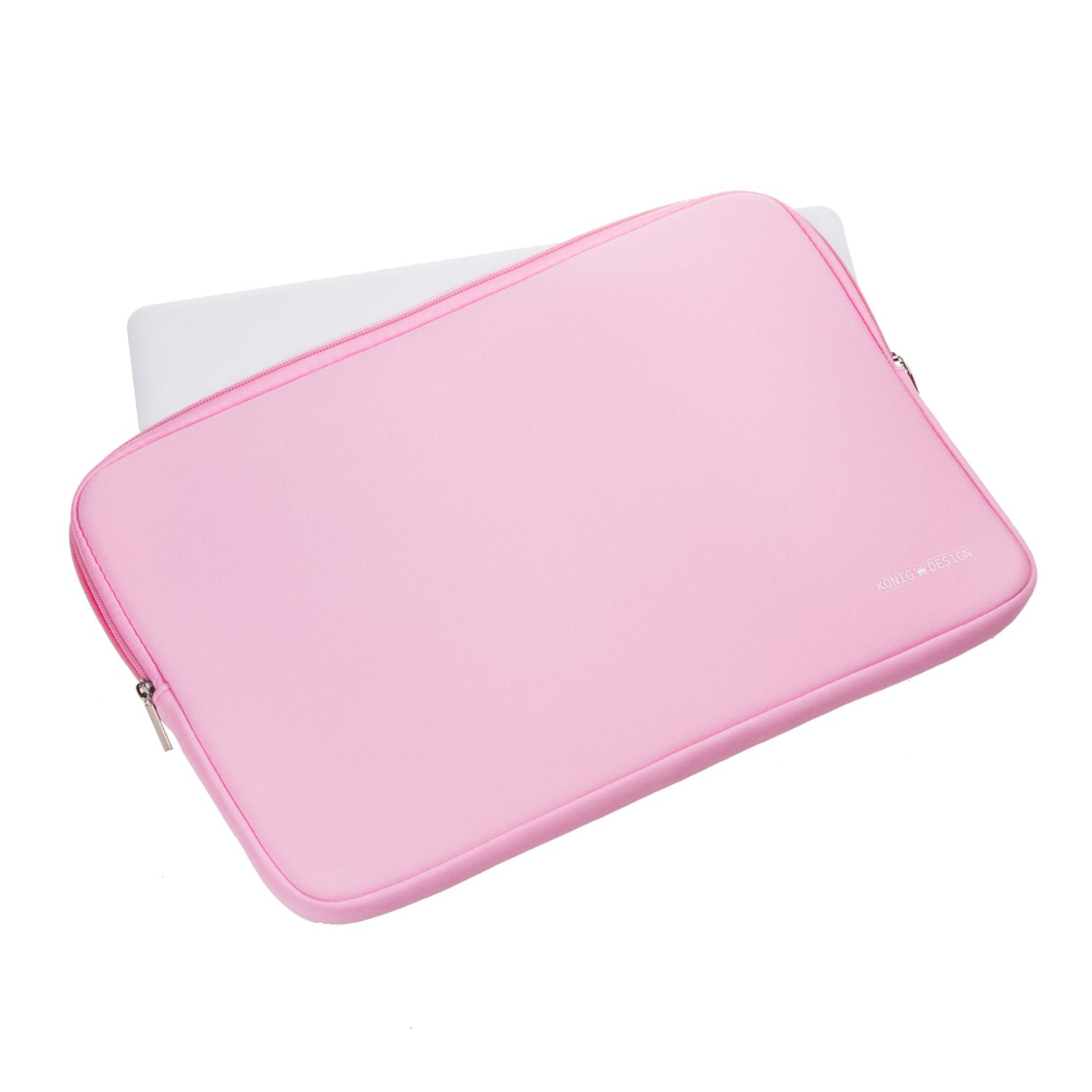 Rosa Laptop-Hülle mit Reißverschluss und einem weißen Laptop darin.
