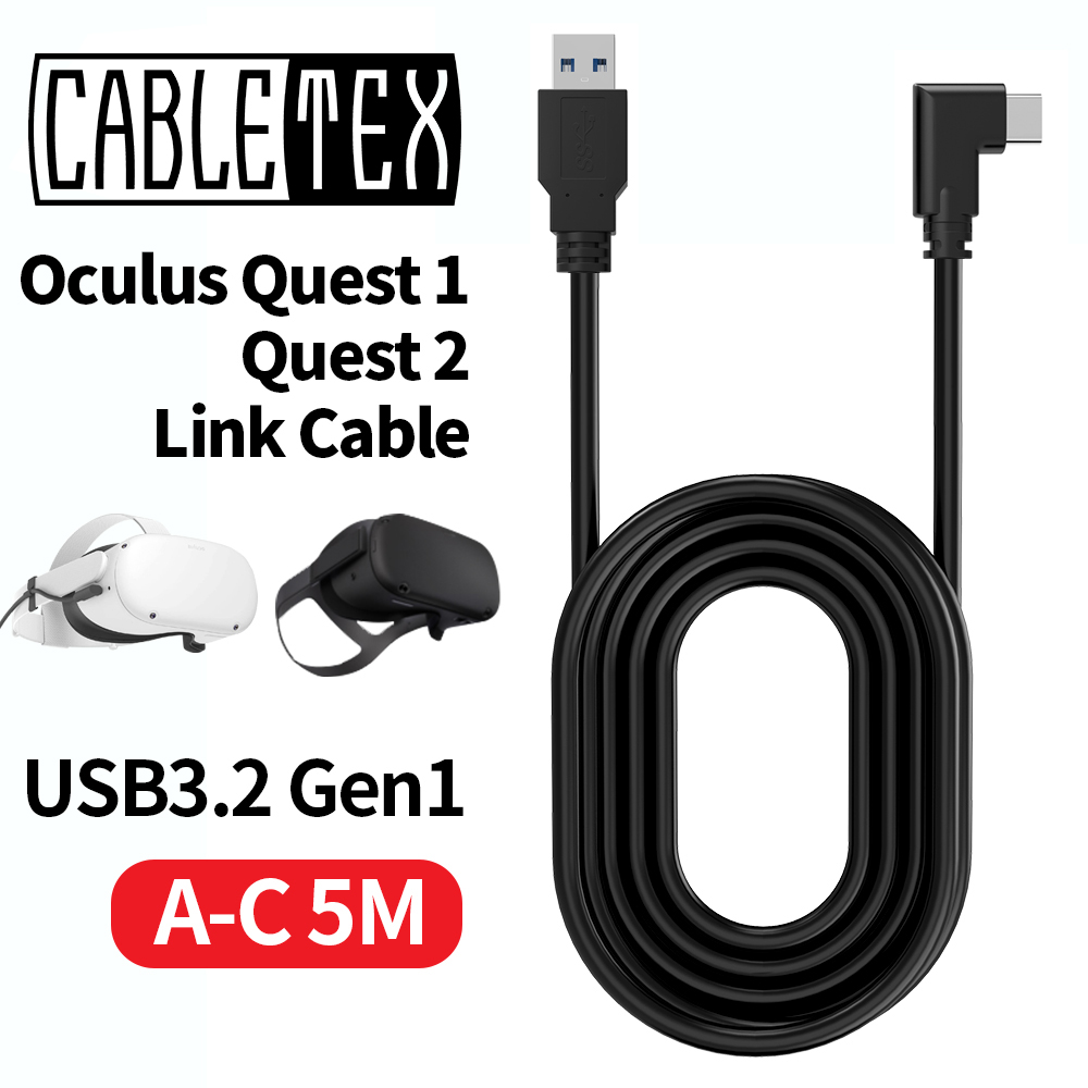 Schwarzes USB-Kabel mit Oculus Quest 1/2 Link Cable Text und VR-Headset-Bildern.