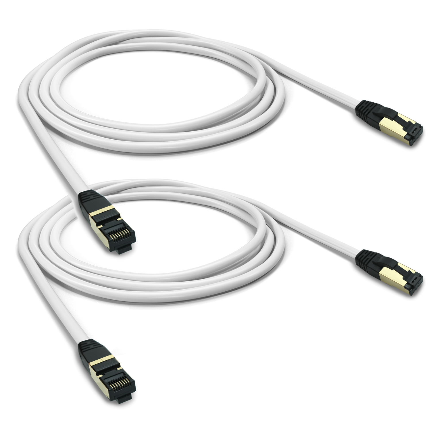Zwei weiße Ethernet-Kabel mit schwarzen und goldenen Steckern. Die Kabel sind aufgerollt und einsatzbereit.