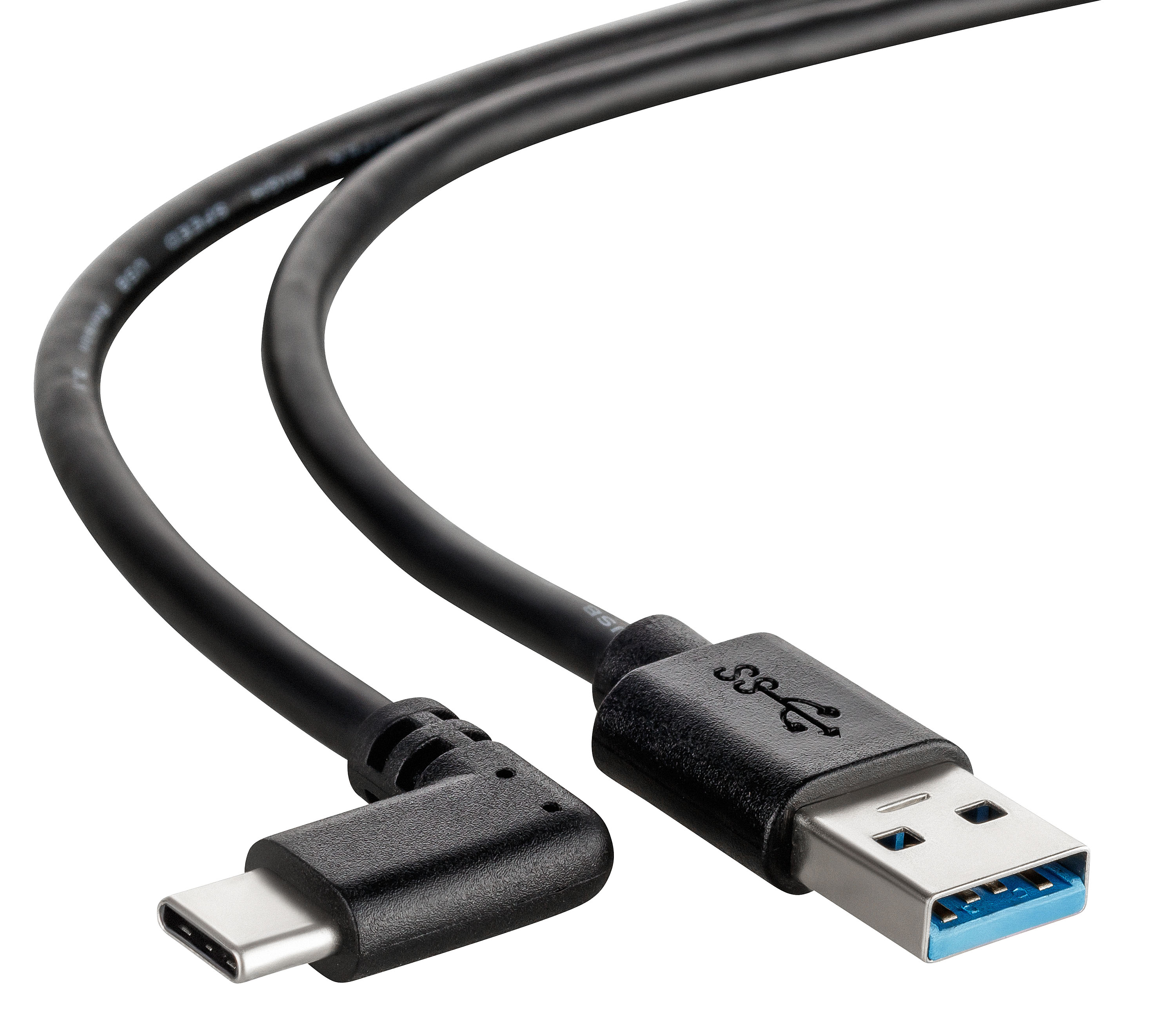 Schwarzes USB-Kabel mit USB-A- und USB-C-Anschluss.