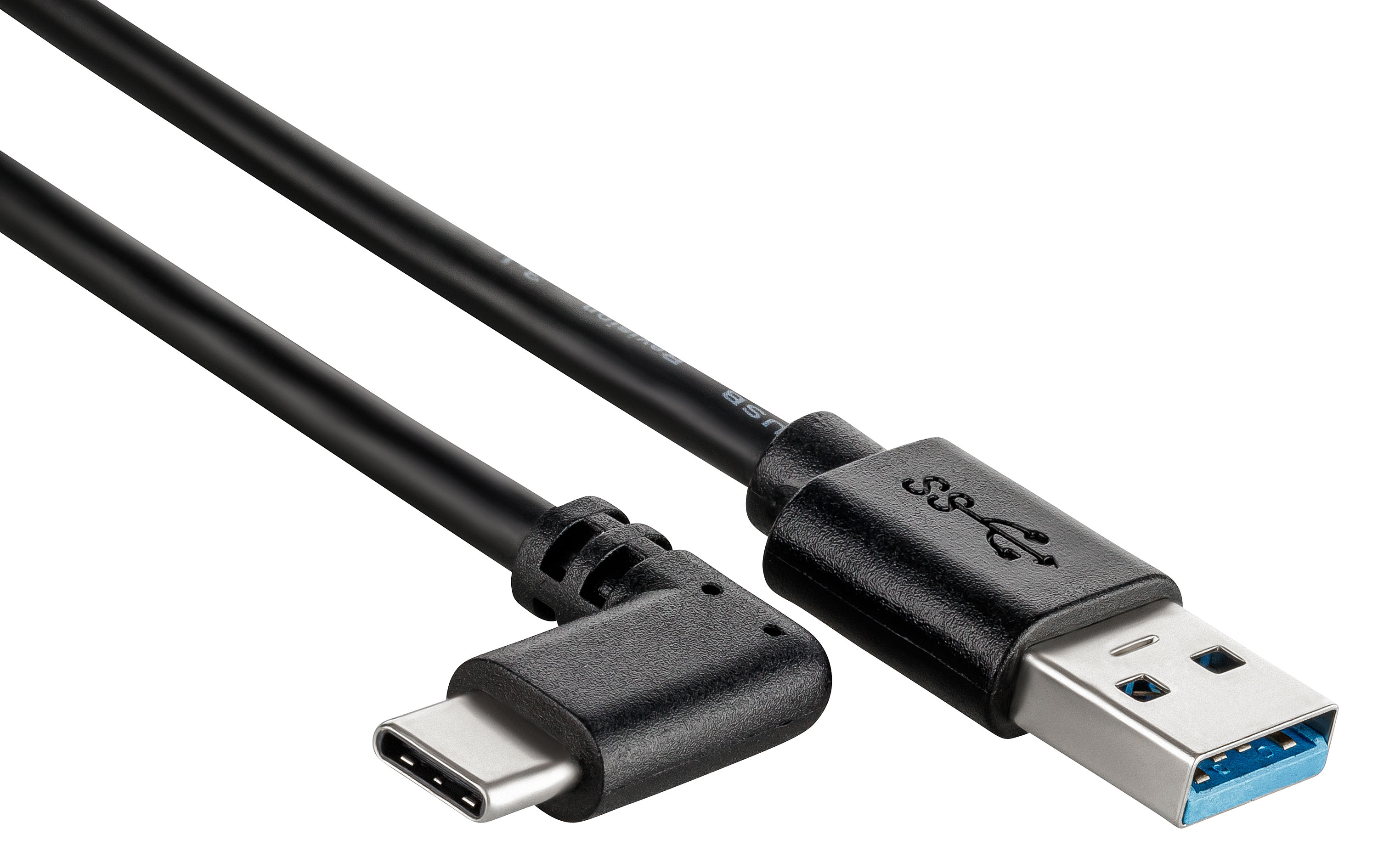 Schwarzes USB-C-zu-USB-3.0-Kabel mit abgewinkeltem USB-C-Anschluss.