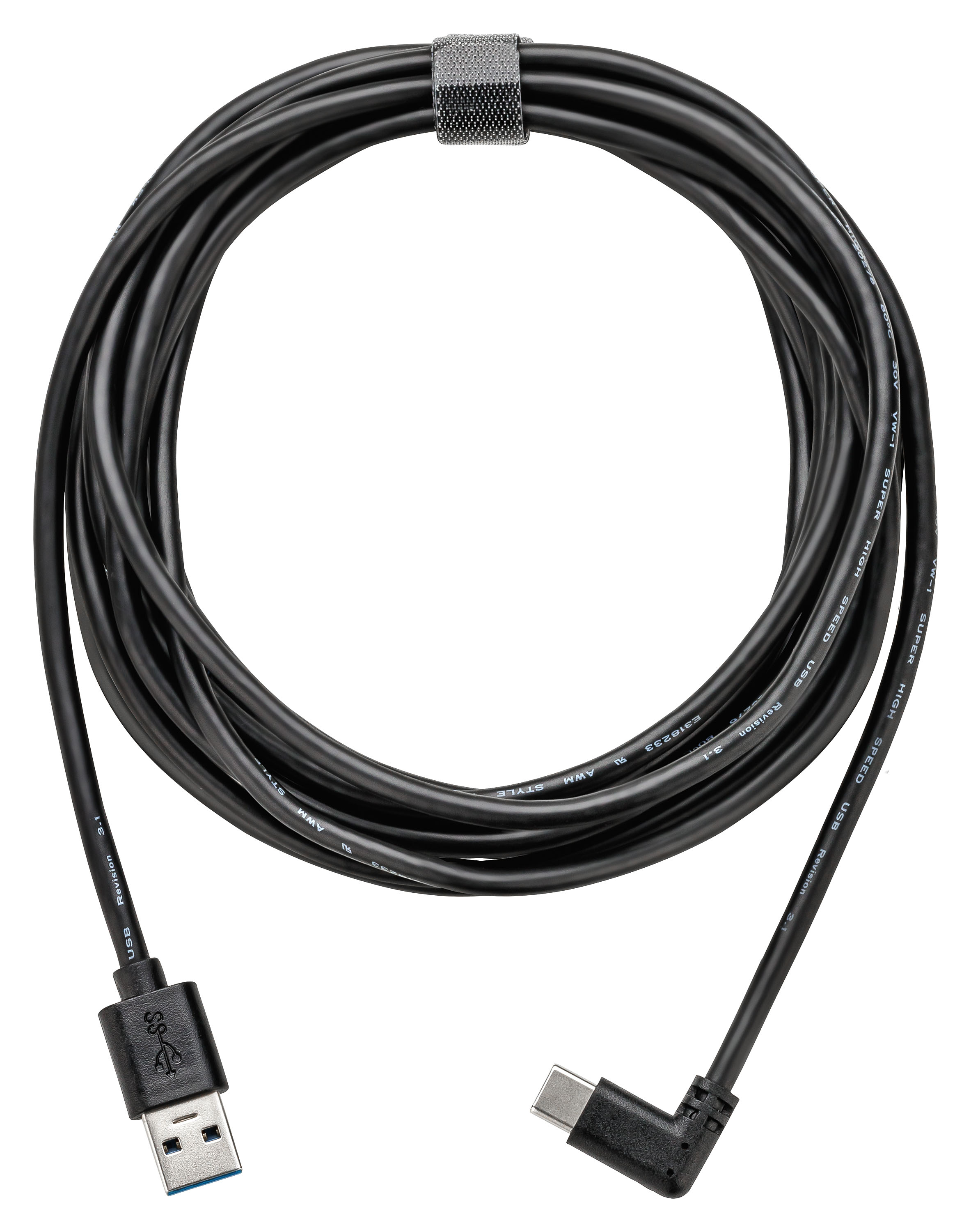 Schwarzes USB-Kabel mit USB-A- und USB-C-Anschlüssen, sauber aufgerollt, mit Klettverschluss.