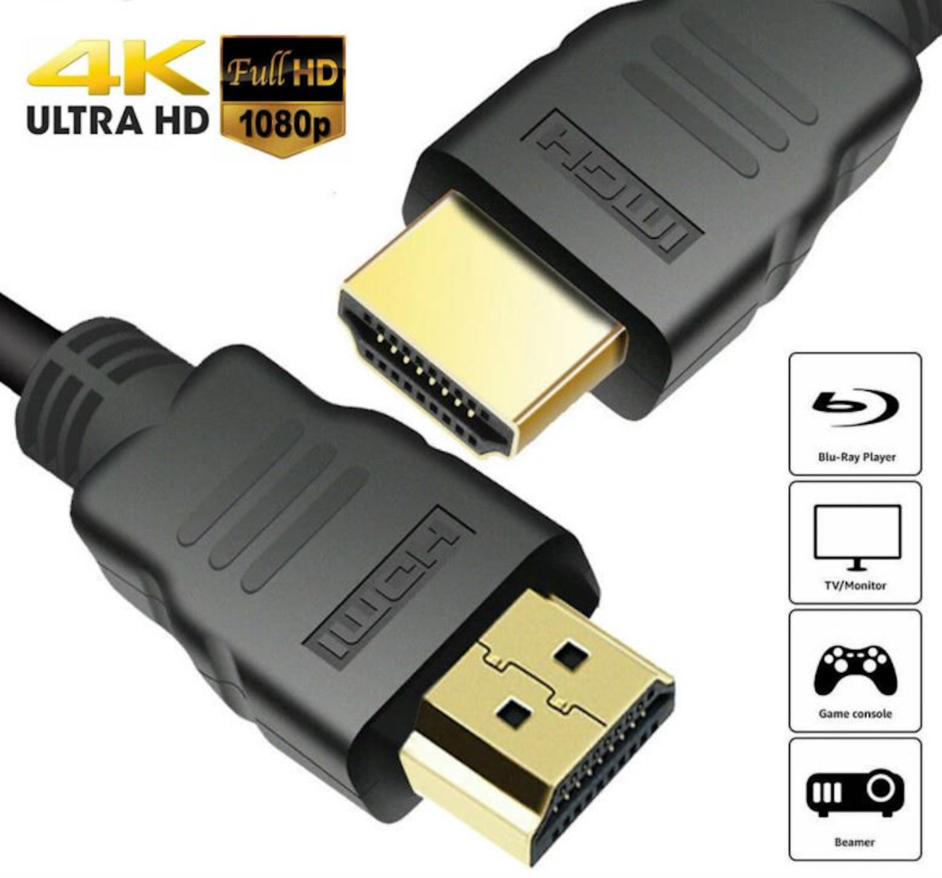 Zwei schwarze HDMI-Kabel verbunden. Goldene Stecker, Text: '4K ULTRA HD 1080p'. Symbole für Blu-Ray, TV, Konsole und Beamer.
