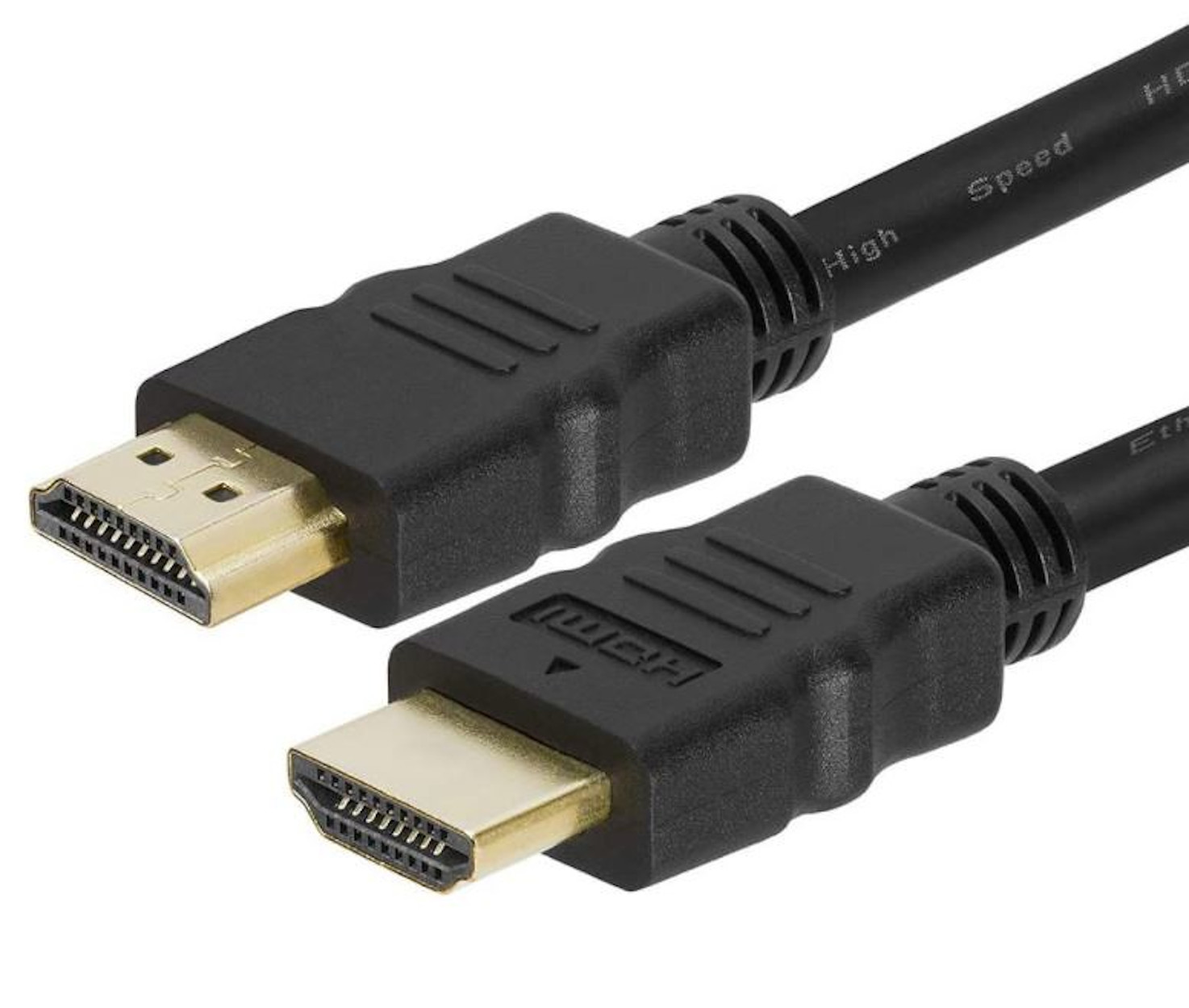 Schwarze HDMI-Kabel mit goldenen Steckern. Weißer Hintergrund.