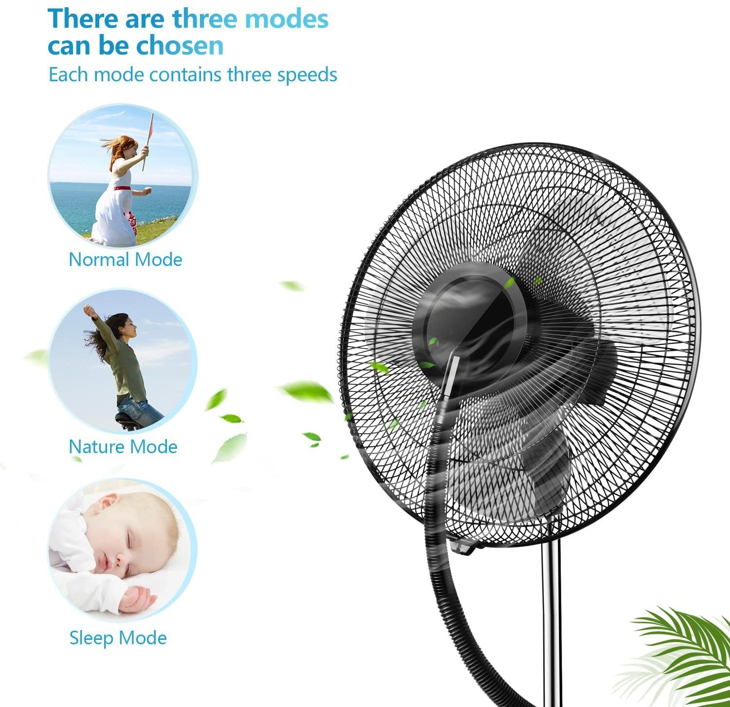 Un ventilatore nero con tre modalità: normale, natura e sonno. Ognuna ha tre impostazioni di velocità.
